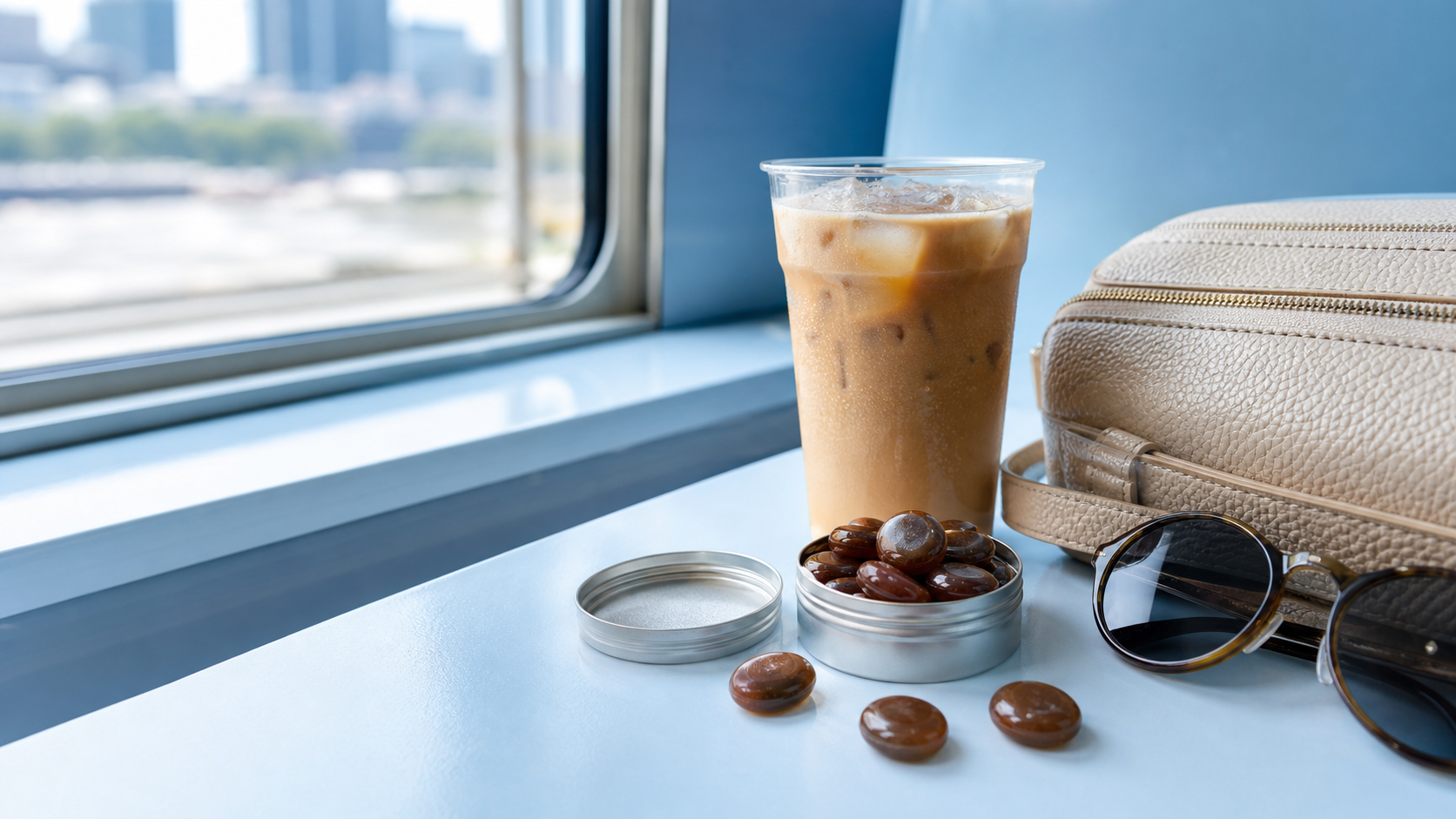 Coffee candy beside an iced latte and commuter bag with pale blue, latte, cream, and coffee-brown tones