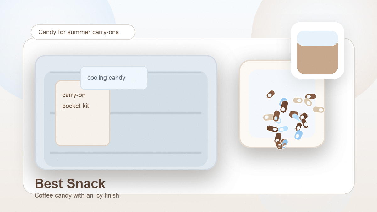 Carry-on pocket travel setup with coffee candy in pale blue, cream, and latte tones