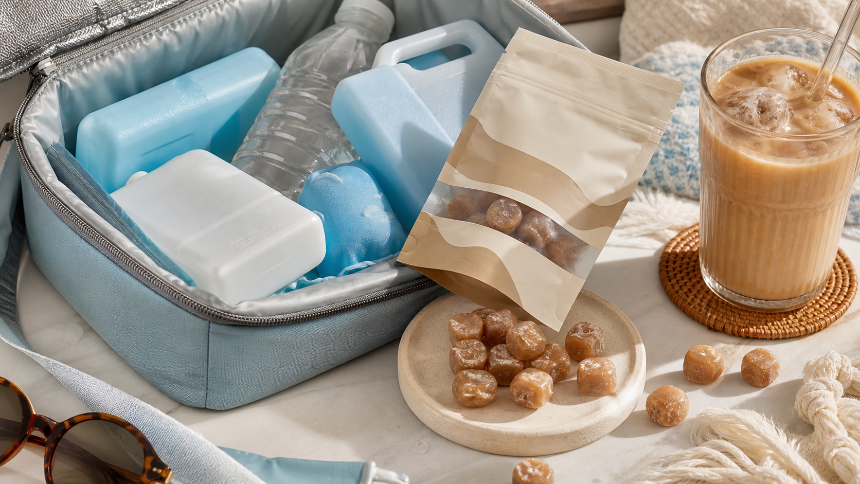 Cooler-pack setup with icy coffee candy, pale blue chill packs, and latte-toned Frozili styling for summer carry