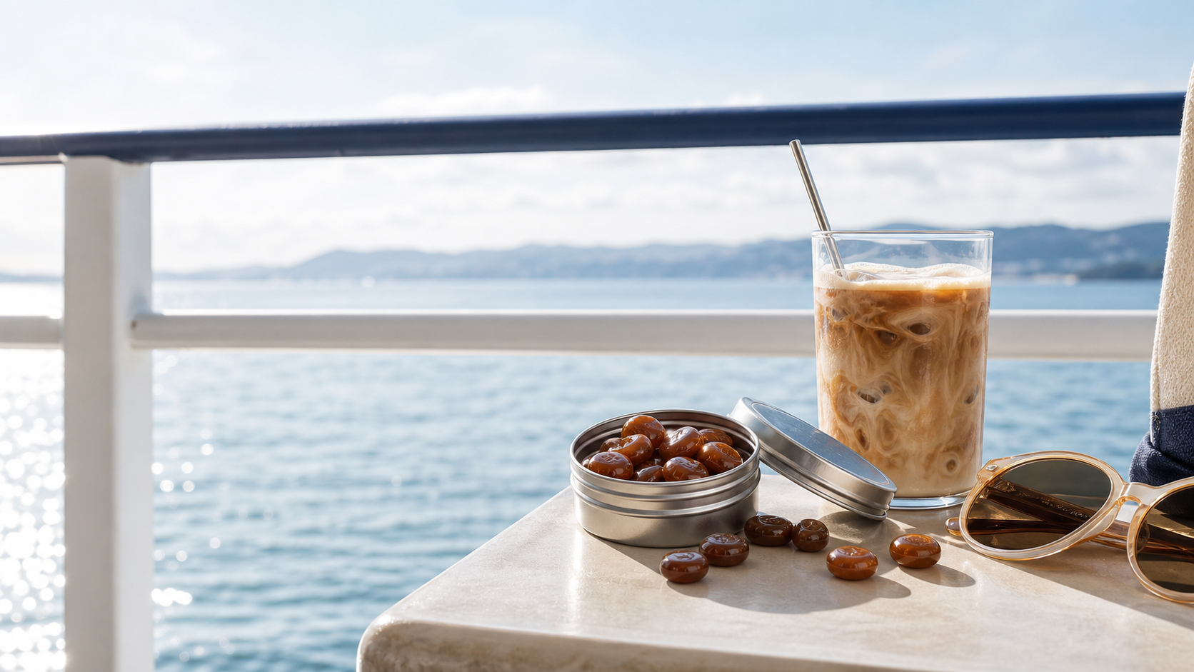 Coffee candies beside an iced coffee in an airy blue and cream ferry deck carry scene