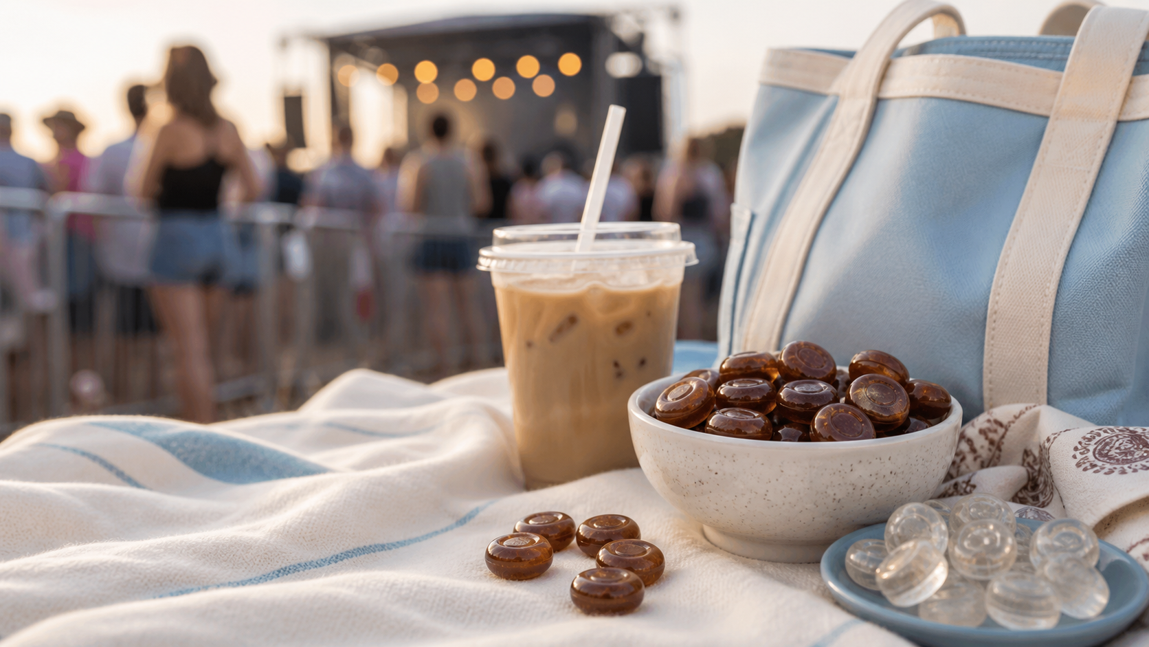 Realistic glossy coffee candies and clear cooling candies beside a pale blue tote and iced coffee in a summer festival line
