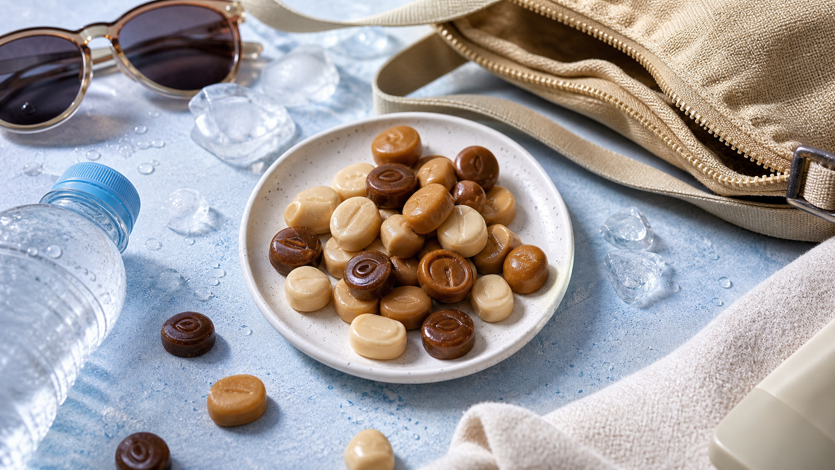 Coffee candies styled for a heat-wave walk with icy blue, cream, and latte-toned summer details