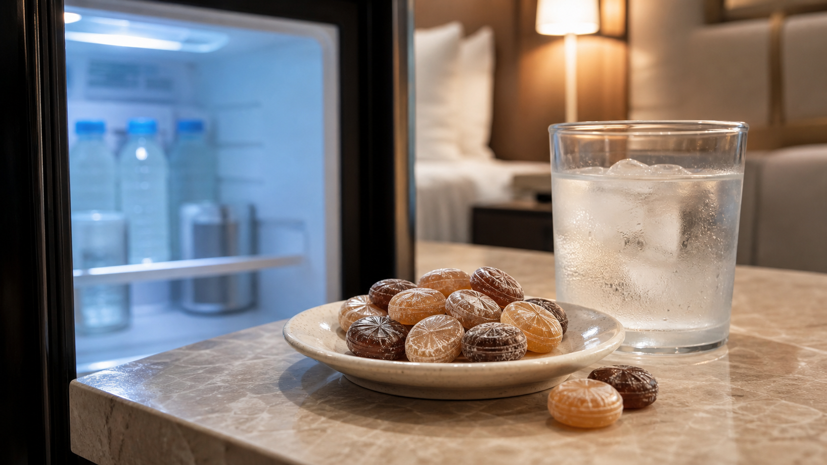 Icy coffee candy beside a hotel mini fridge in pale blue, cream, and coffee-brown editorial styling