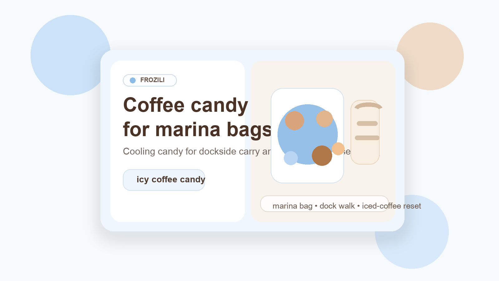 Icy blue and latte-toned marina bag graphic with coffee candy, a dockside pouch, and a cool coffee cue