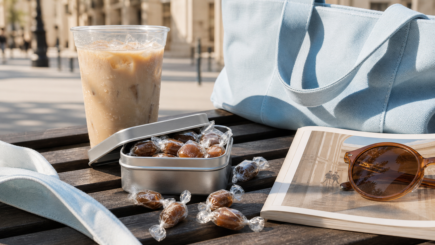 Realistic glossy coffee candies in a small tin beside an iced latte, pale blue tote, museum guide booklet, and brown sunglasses on a sunny city bench