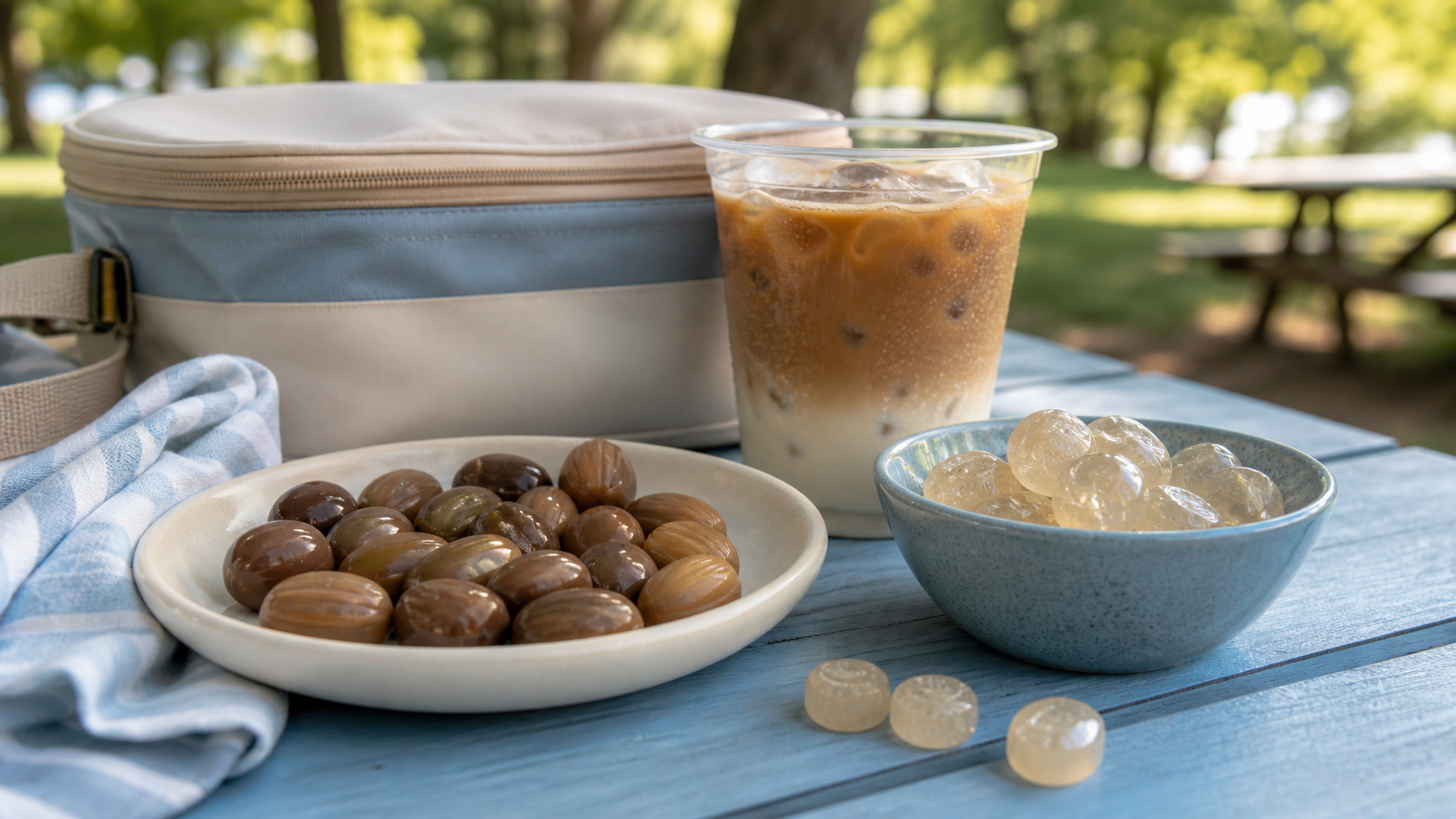 Realistic glossy coffee candies and clear cooling candies beside an iced latte and pale blue cooler pouch on a summer picnic table