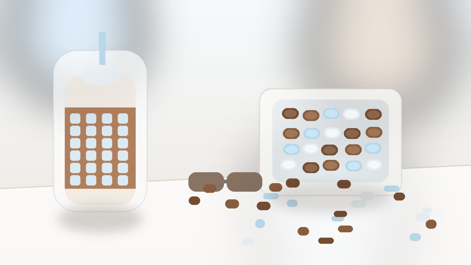 Coffee candies beside an iced coffee in an airy blue and cream summer carry scene