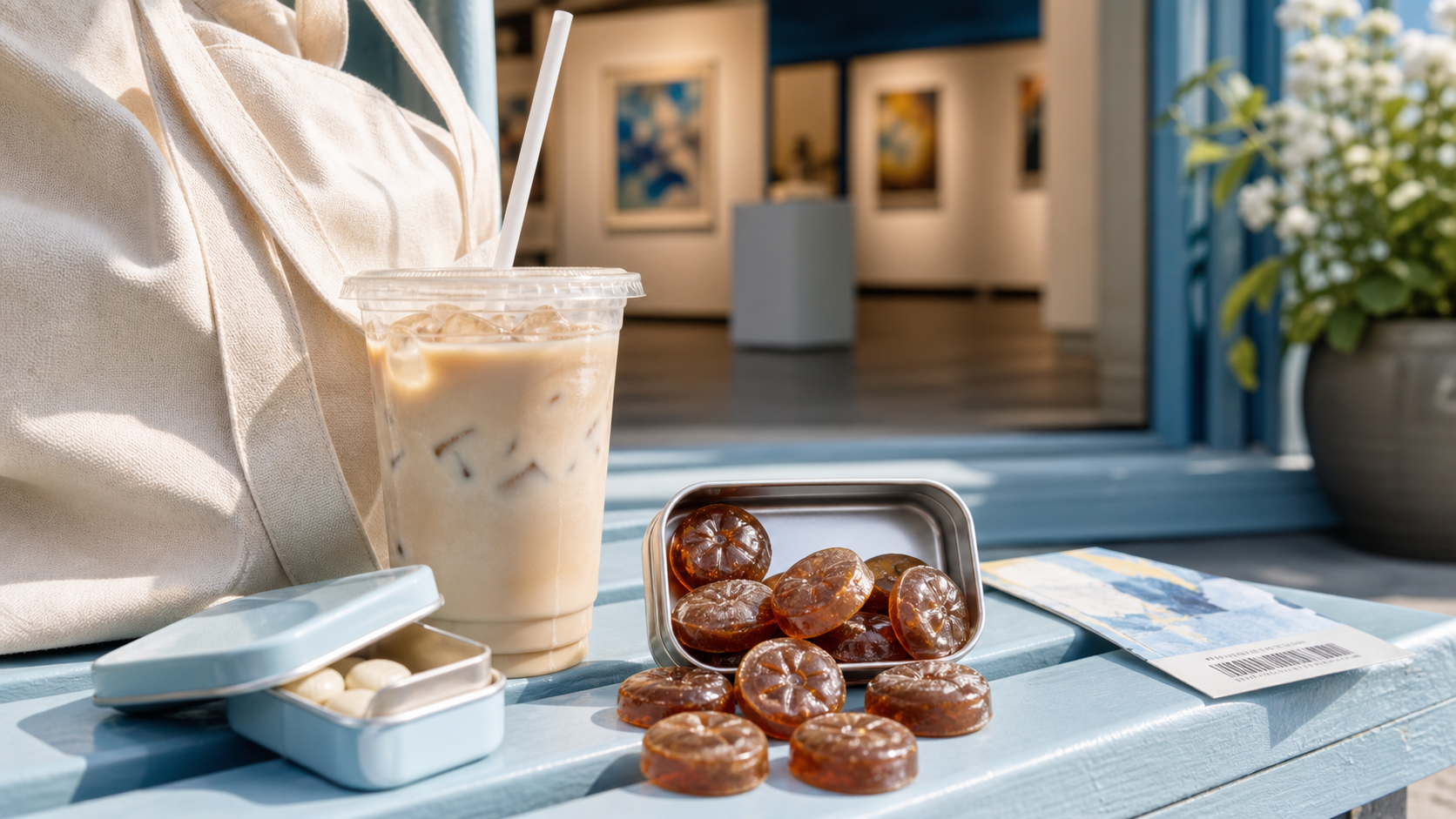 Realistic glossy coffee candies in a small tin beside an iced latte, pale blue candy case, and museum ticket outside a summer art gallery