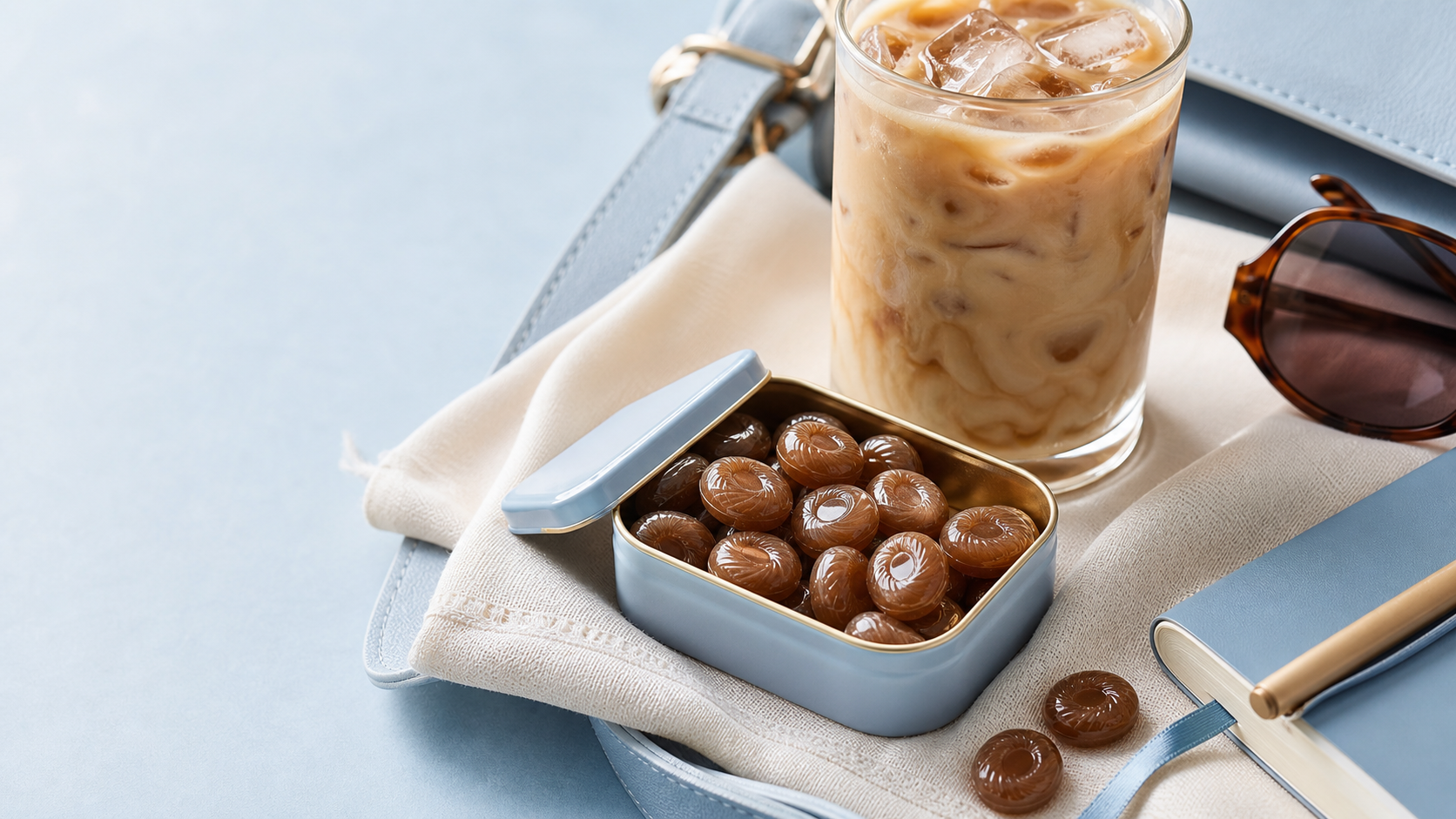 Coffee candies in a pale blue tin beside an iced latte, notebook, and summer work bag in cool cream and coffee tones