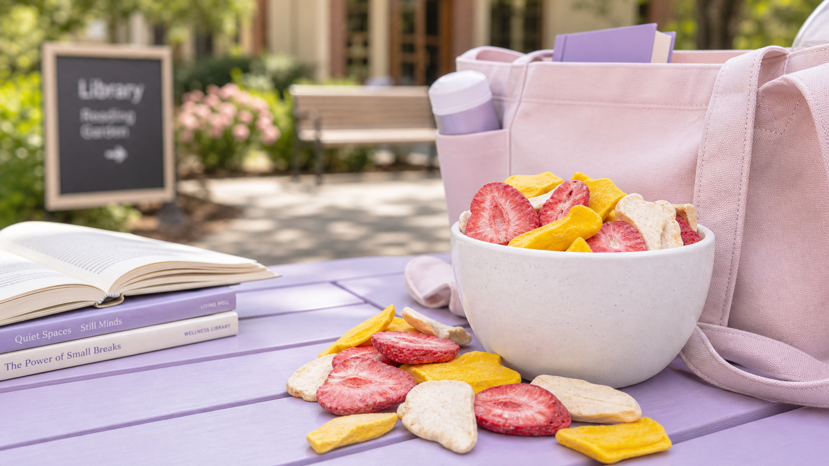 Realistic freeze-dried strawberries, mango, and apple slices beside a soft pink library tote with books on a lavender table