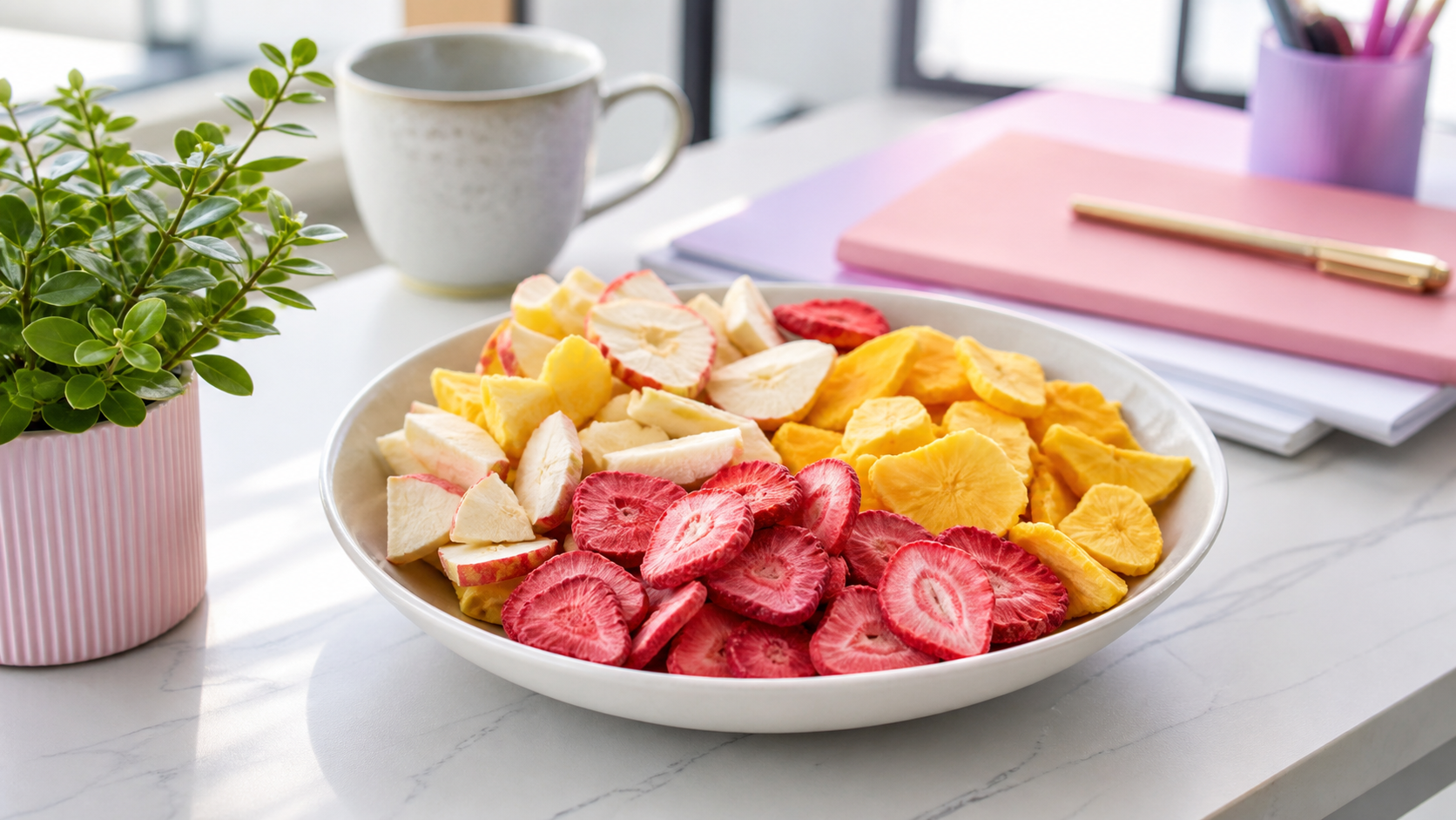 Freeze-dried strawberries, mango, and apple pieces arranged in an office candy bowl with soft pink and pale purple desk styling
