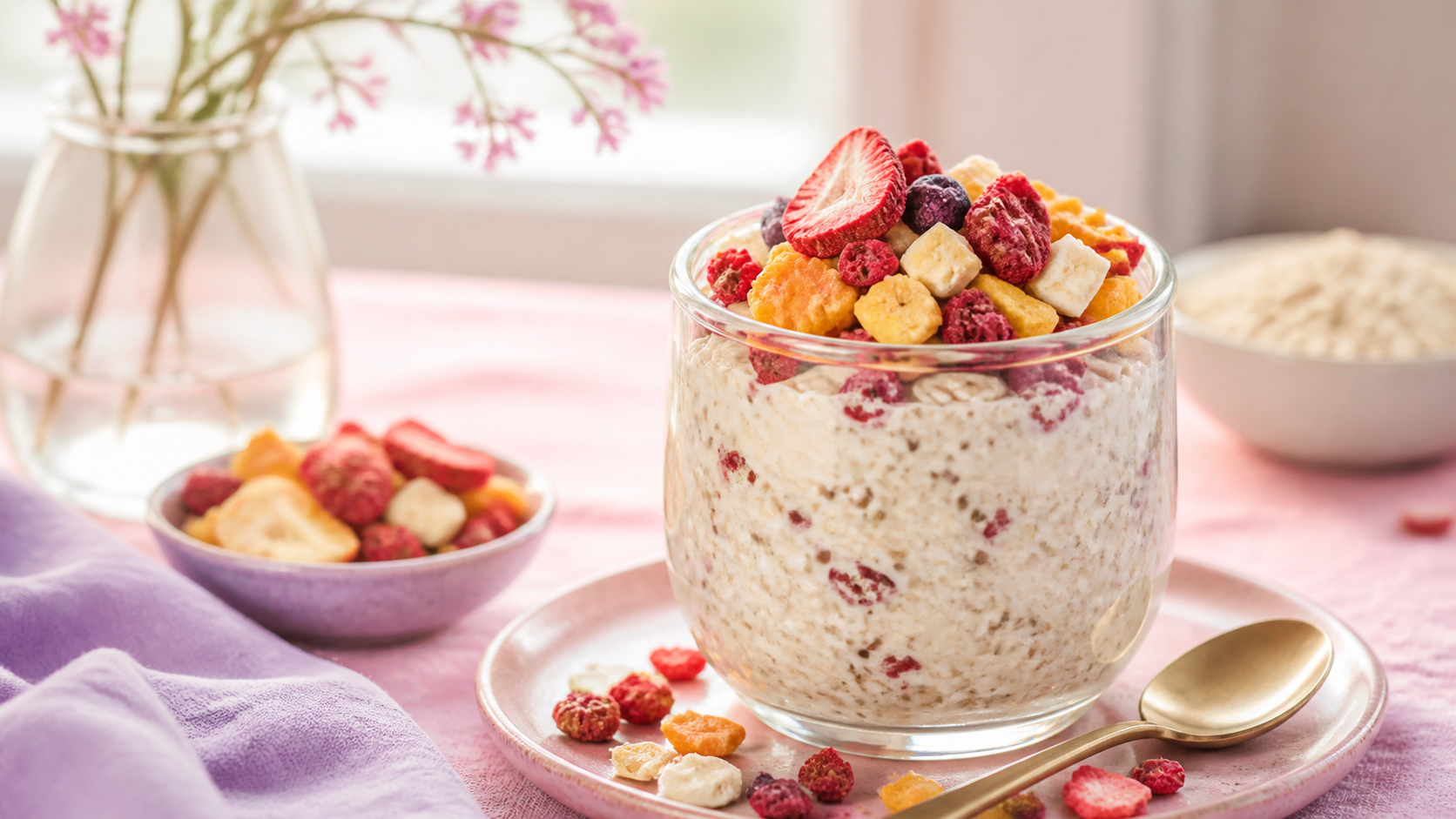 Overnight oats cup with colorful freeze-dried fruit in a soft pink and pale purple editorial setting
