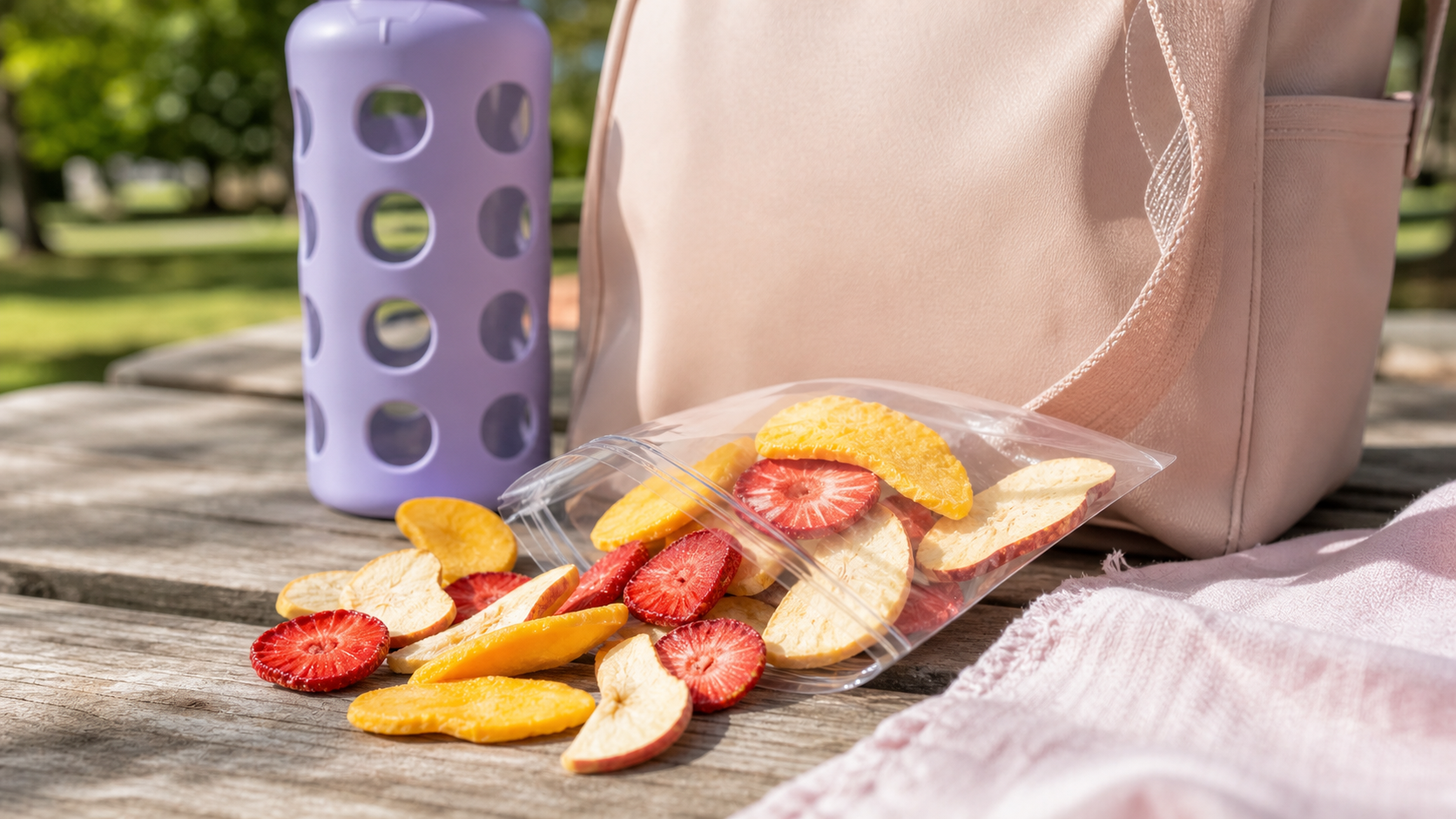 Realistic freeze-dried strawberries, mango, and apple slices spilling from a clear pouch beside a blush park tote and lavender water bottle on a sunny outdoor bench