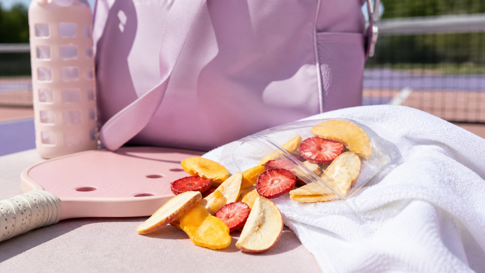 Realistic freeze-dried strawberries, mango, and apple slices spilling from a clear pouch beside a pastel pink pickleball paddle, lavender sports tote, and white court towel in summer light