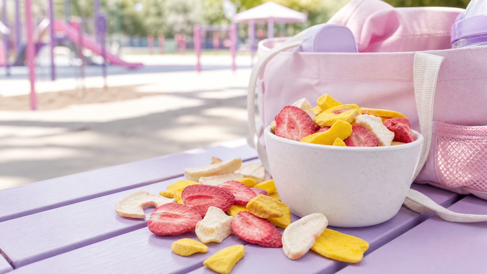 Realistic freeze-dried strawberries, mango, and apple slices beside a soft pink playground bag on a lavender picnic table