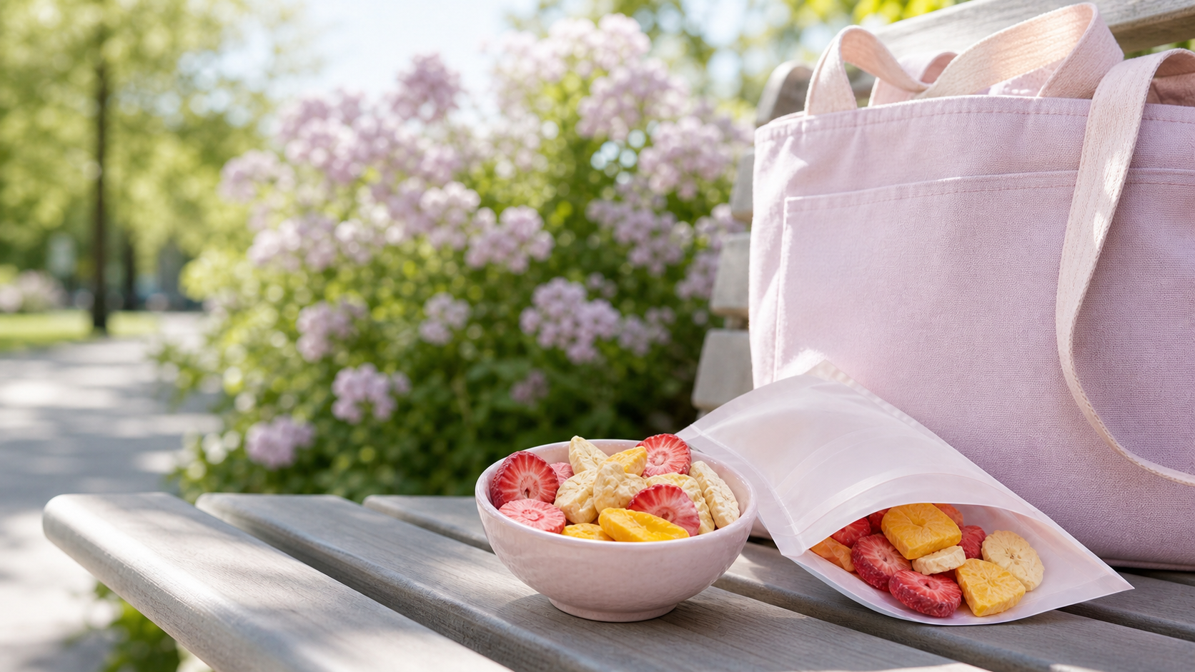 Realistic freeze-dried strawberries, mango, and apple slices beside a soft pink tote on a sunny porch bench with lavender blooms behind it