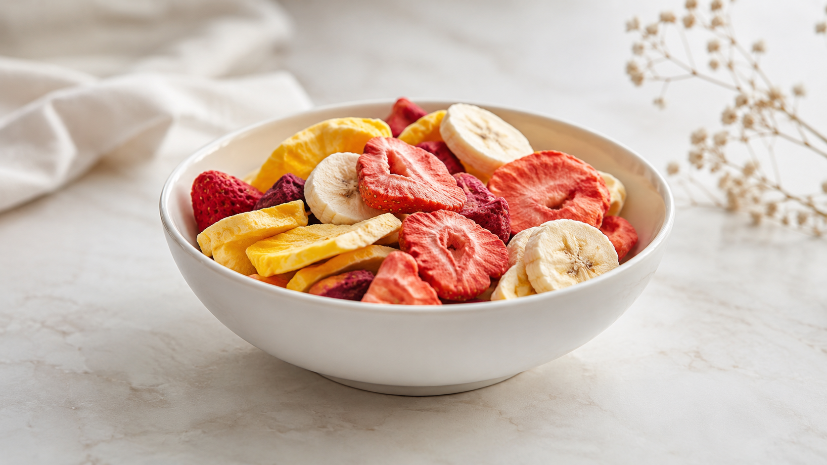 Freeze-dried fruit in a clean white bowl styled for protein yogurt cup toppings and airy snack routines