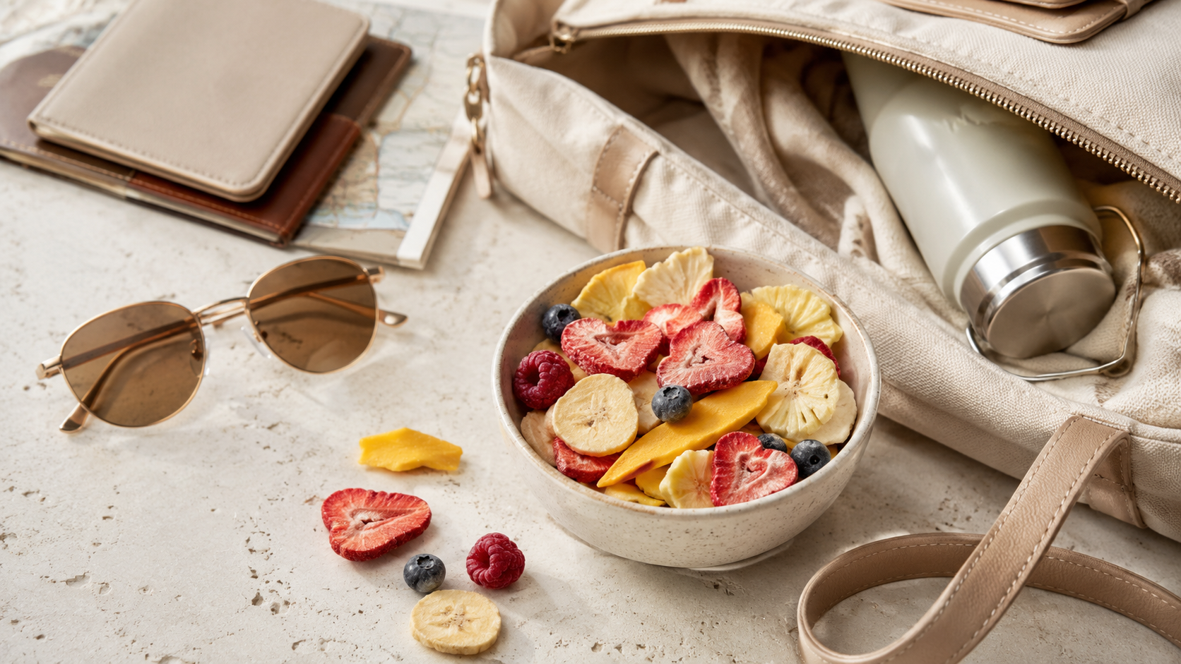 Freeze-dried fruit styled in an airy trail-pouch setup with soft pink and lavender tones