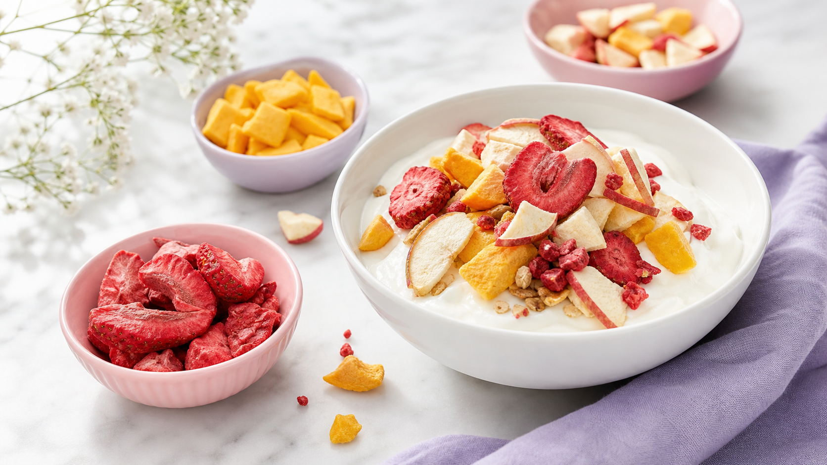 Summer yogurt bowl topped with freeze-dried strawberries, mango, and apple in soft pink and lavender styling