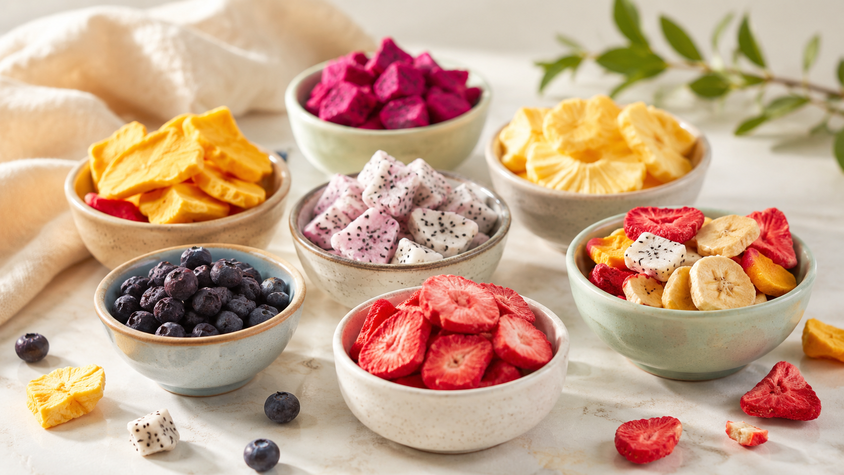 Colorful freeze-dried fruit bowls styled like a playful travel snack spread