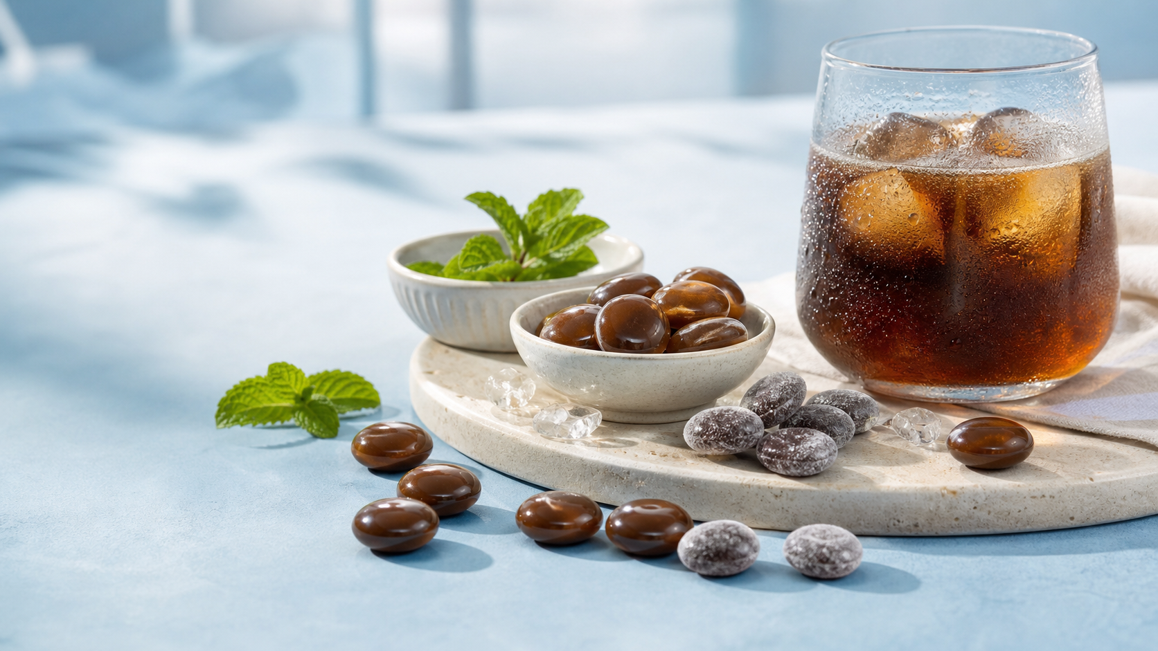 Pale blue tabletop with glossy coffee candies, frosted cooling candies, and a glass of cold brew for a summer coffee candy hero