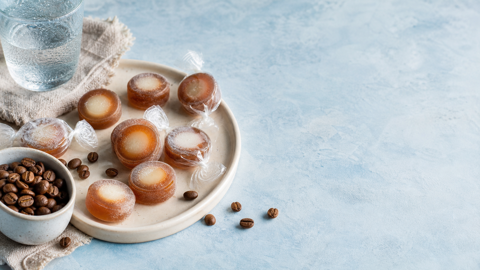 Pale blue and cream tabletop with icy coffee candies, coffee beans, and a chilled glass for a summer candy editorial hero