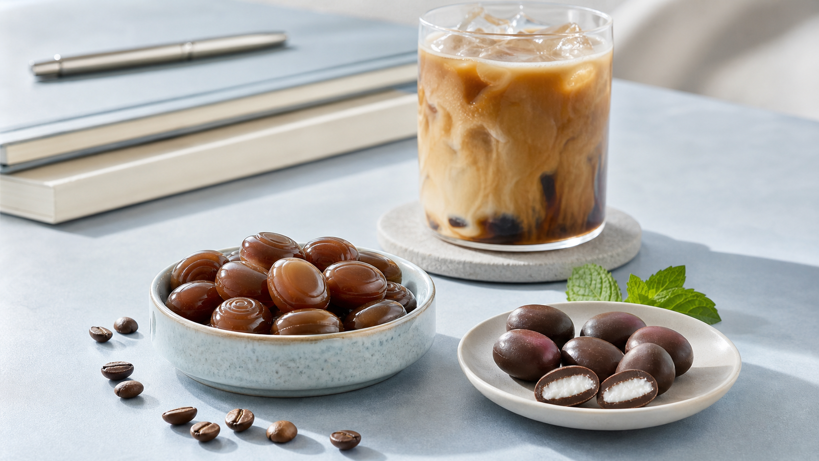 Pale blue and latte-toned meeting-friendly candy scene with glossy coffee candies, chocolate mints, and an iced coffee glass
