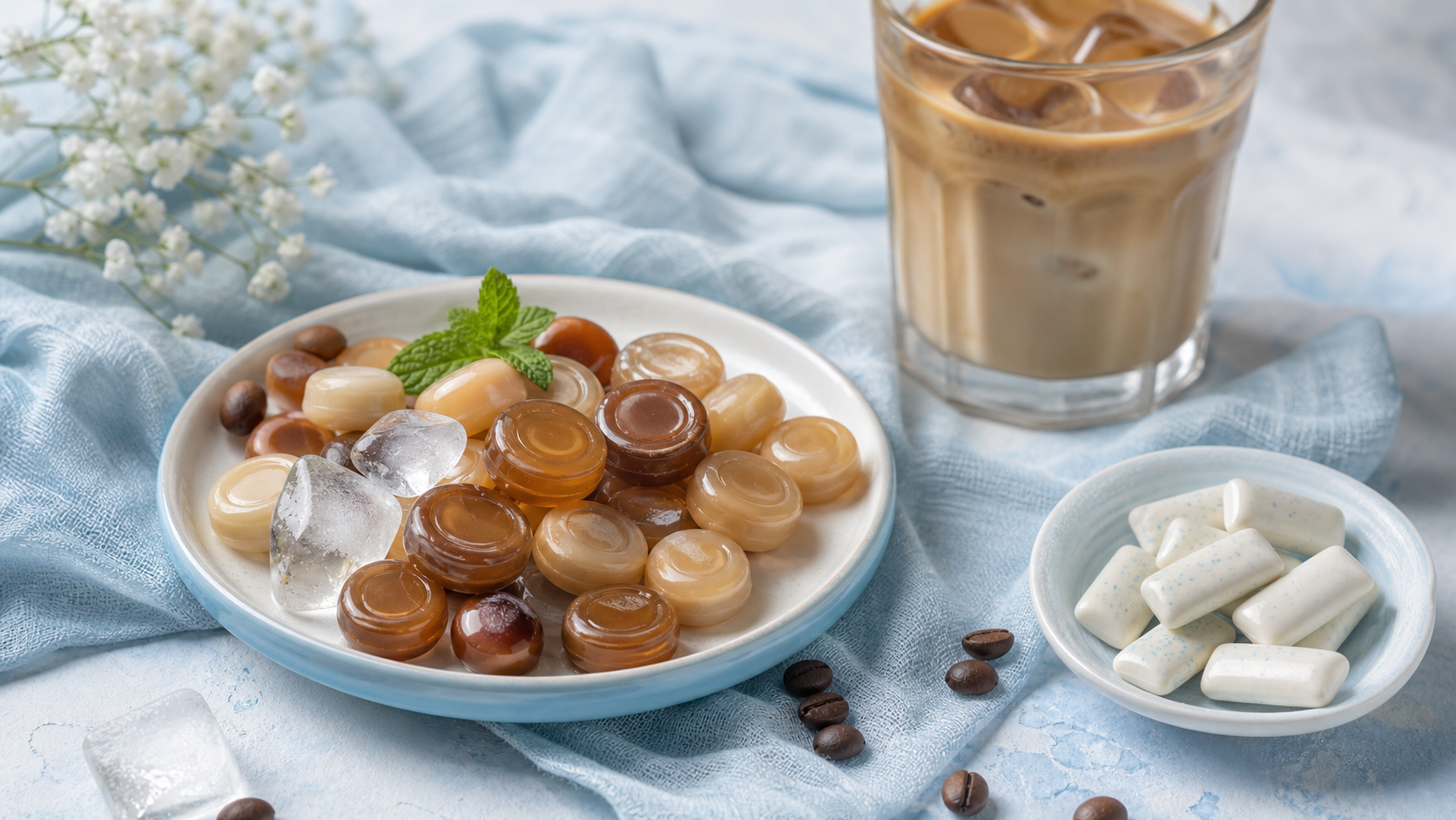 Icy blue and latte-toned summer setup with glossy coffee candies beside simple gum pieces and an iced coffee