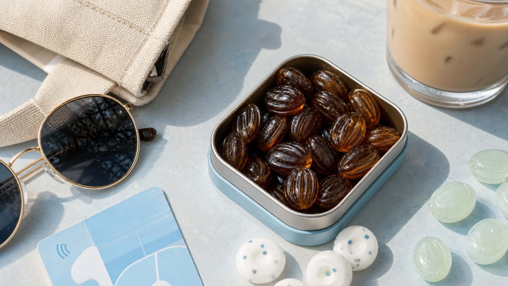 Icy blue commute flatlay with glossy coffee candies in a tin beside sunglasses, a transit pass, and a cool latte-toned setup