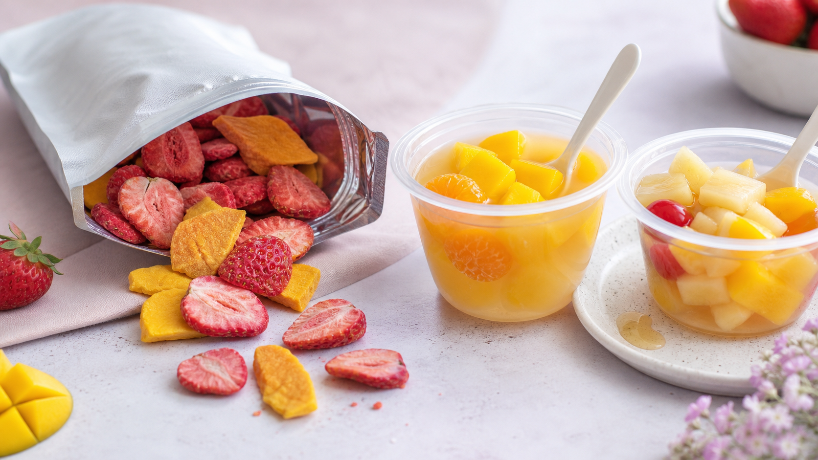 Soft pink and lavender comparison scene with freeze-dried strawberries and mango beside sealed fruit cups on an airy tabletop