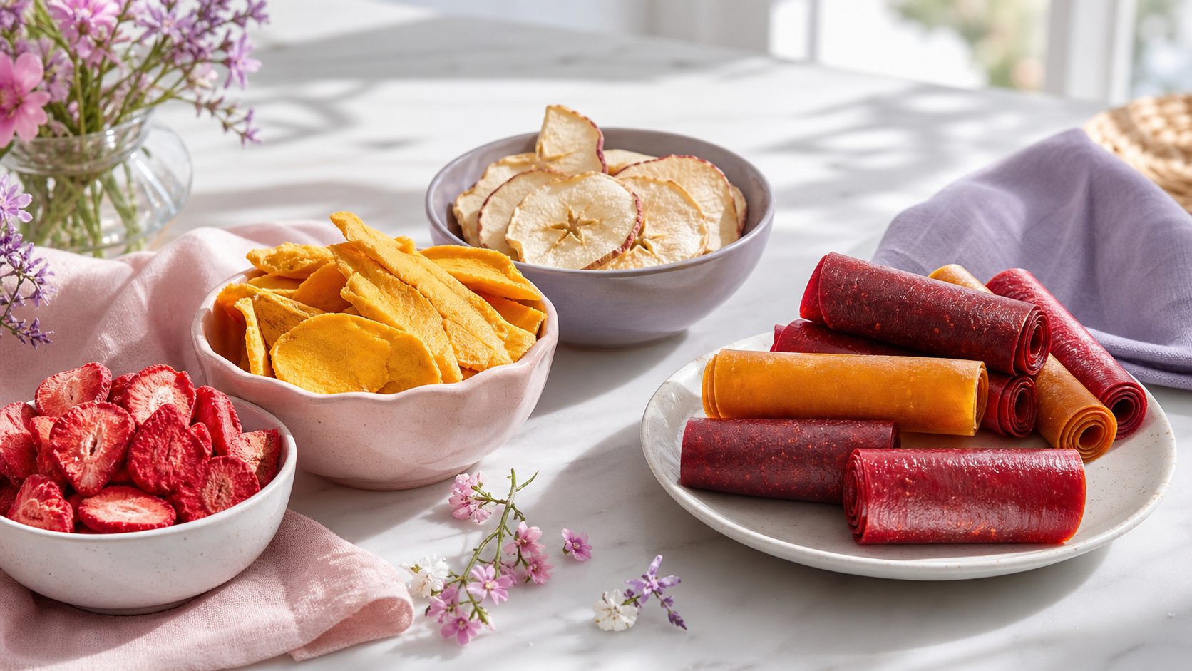 Airy pink and lavender snack comparison with bowls of freeze-dried strawberries, mango, and apples beside fruit leather rolls