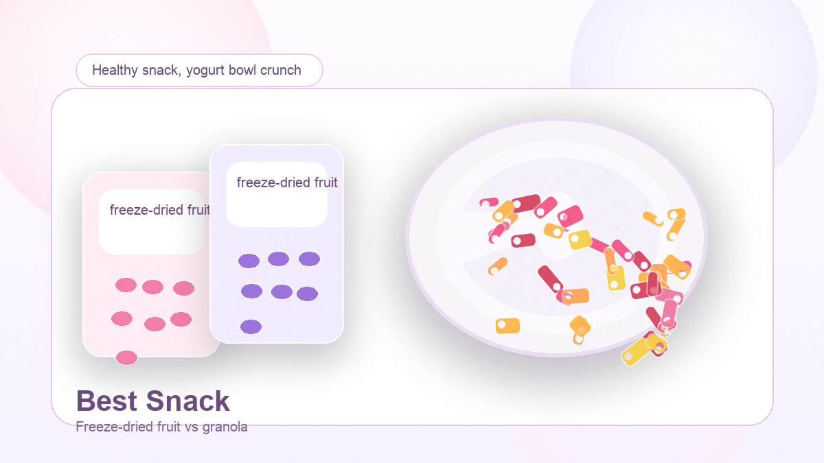 Freeze-dried fruit pouches beside a pale bowl in a soft pink and lavender editorial setup