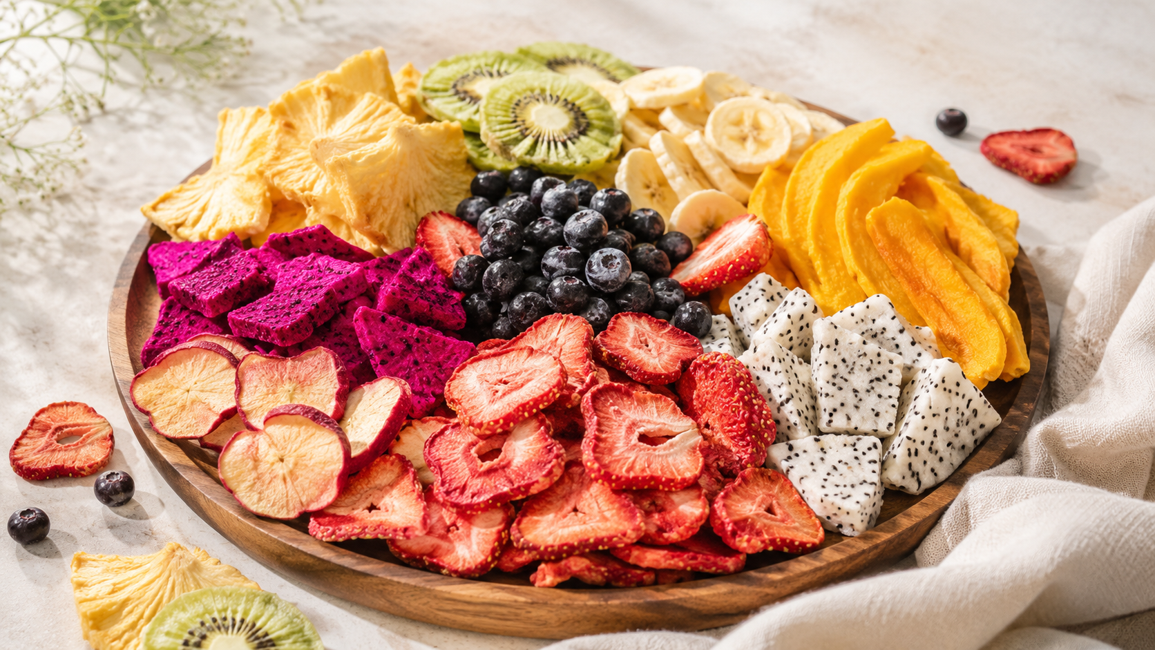 Freeze-dried fruit crisps styled on a dessert board with soft pastel tones