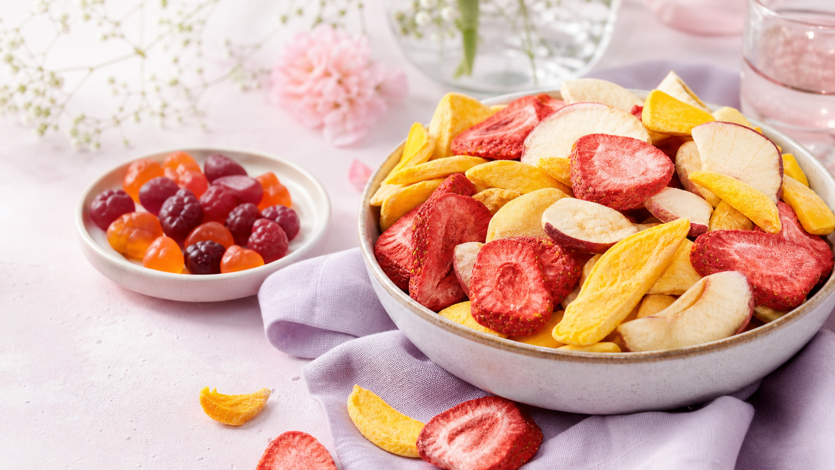 Soft pink and pale lavender snack scene with airy freeze-dried fruit in a bowl beside a small dish of gummy fruit snacks