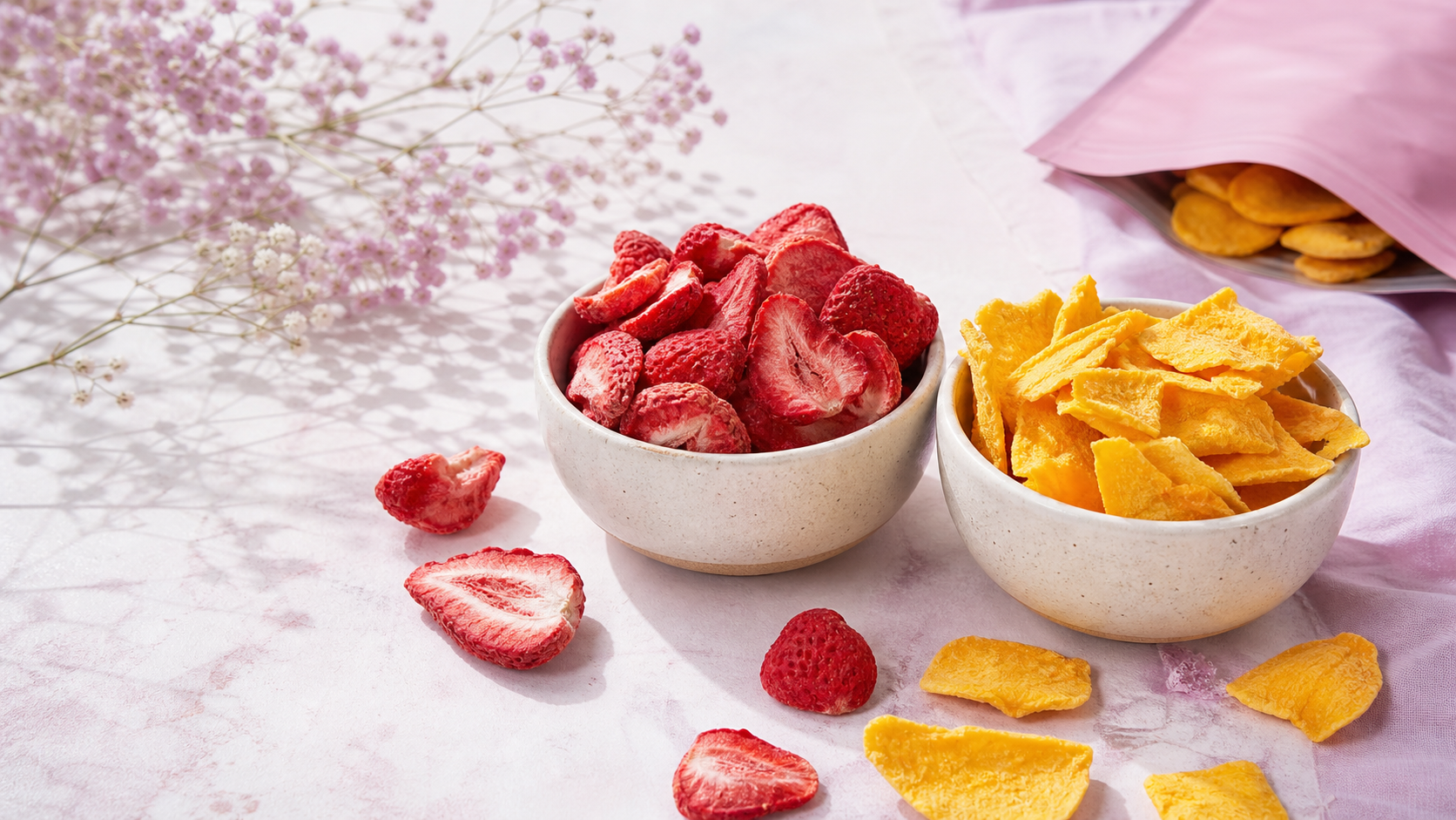 Soft pink and lavender tabletop with bowls of freeze-dried strawberries and mango for a bright crunchy fruit snack comparison hero