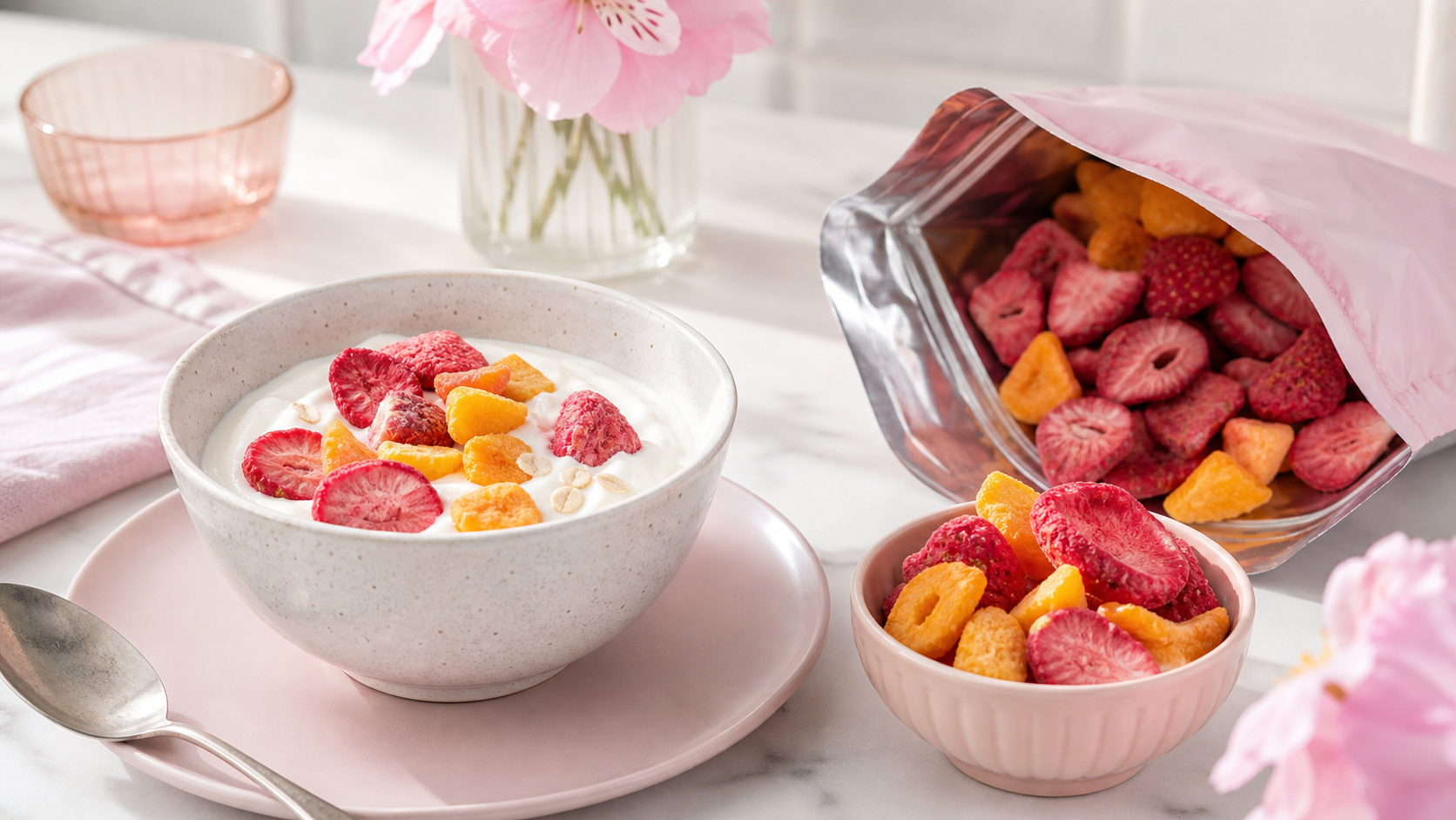 Soft pink and pale lavender breakfast scene with yogurt topped with freeze-dried strawberries and mango pieces