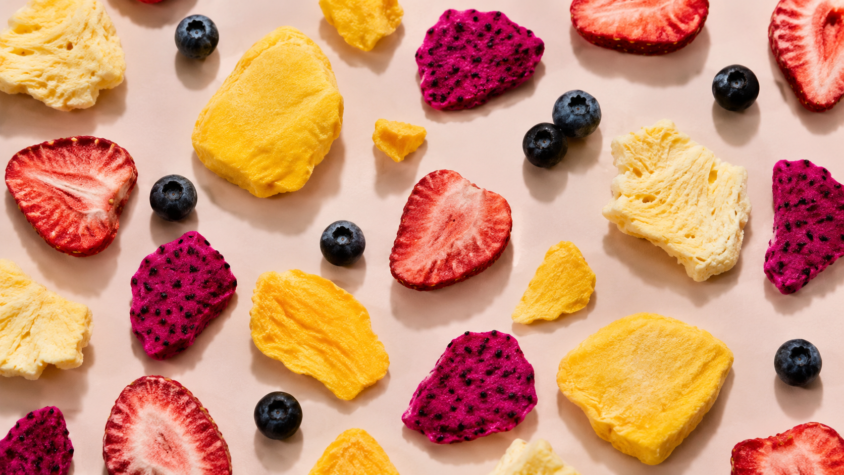 Mixed freeze-dried fruit pieces arranged in a colorful flatlay