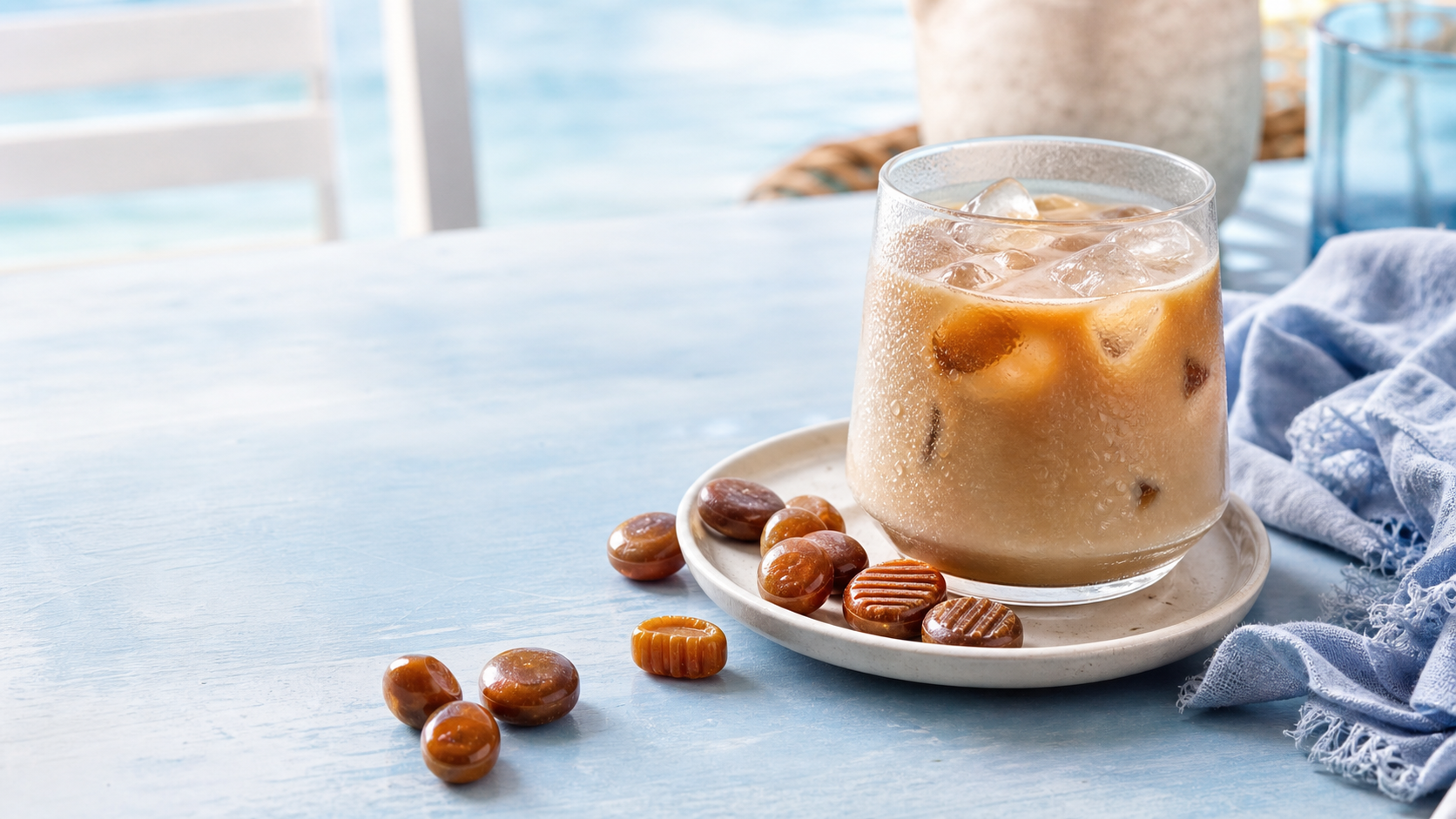 Pale blue and cream summer coffee scene with iced latte and unbranded coffee candies
