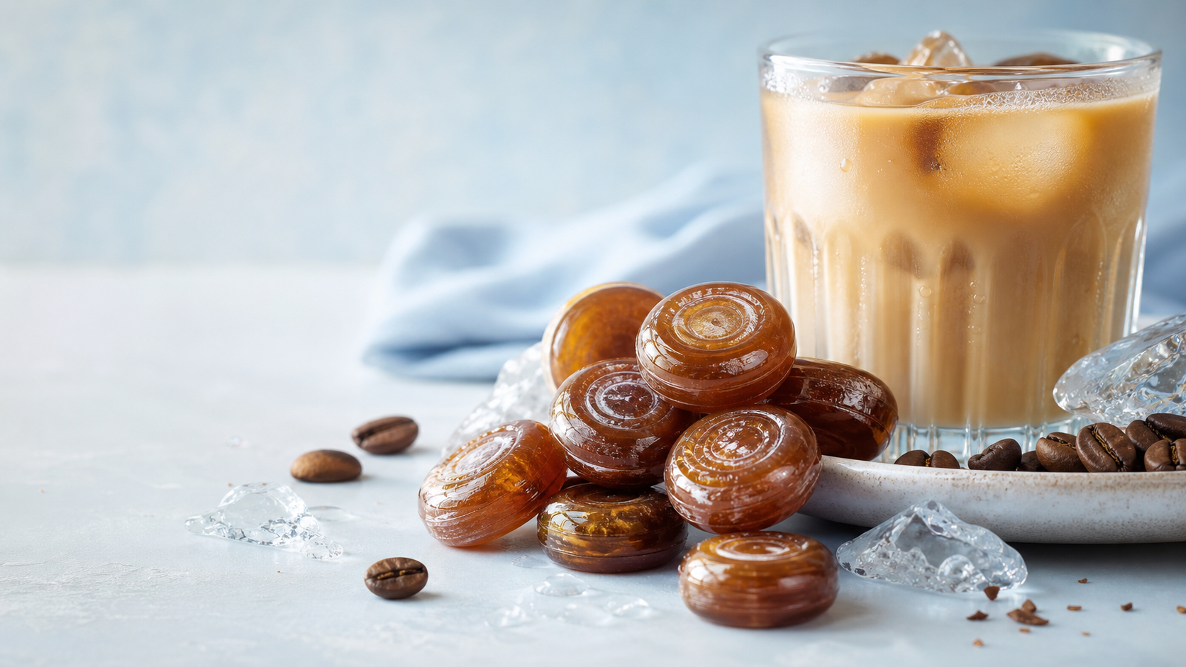 Pale blue and cream tabletop with glossy coffee candies, coffee beans, and an iced latte for a summer candy editorial hero