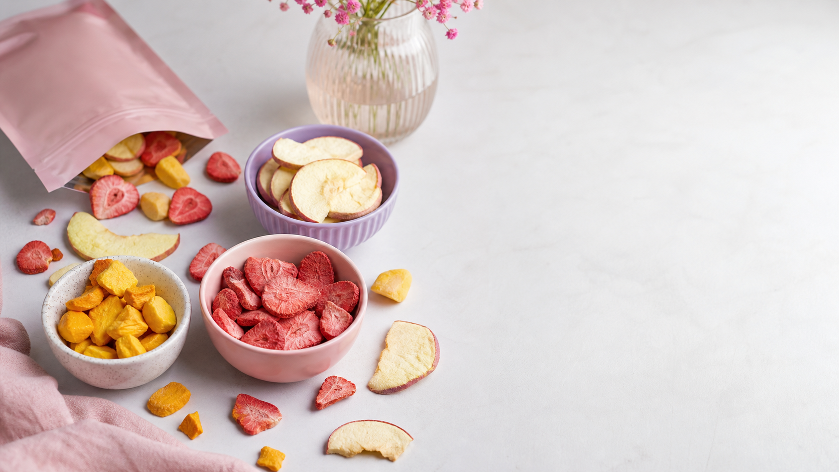 Soft pink and lavender office-style tabletop with bowls of freeze-dried strawberries, mango, and apple for a bright crunchy fruit snack hero