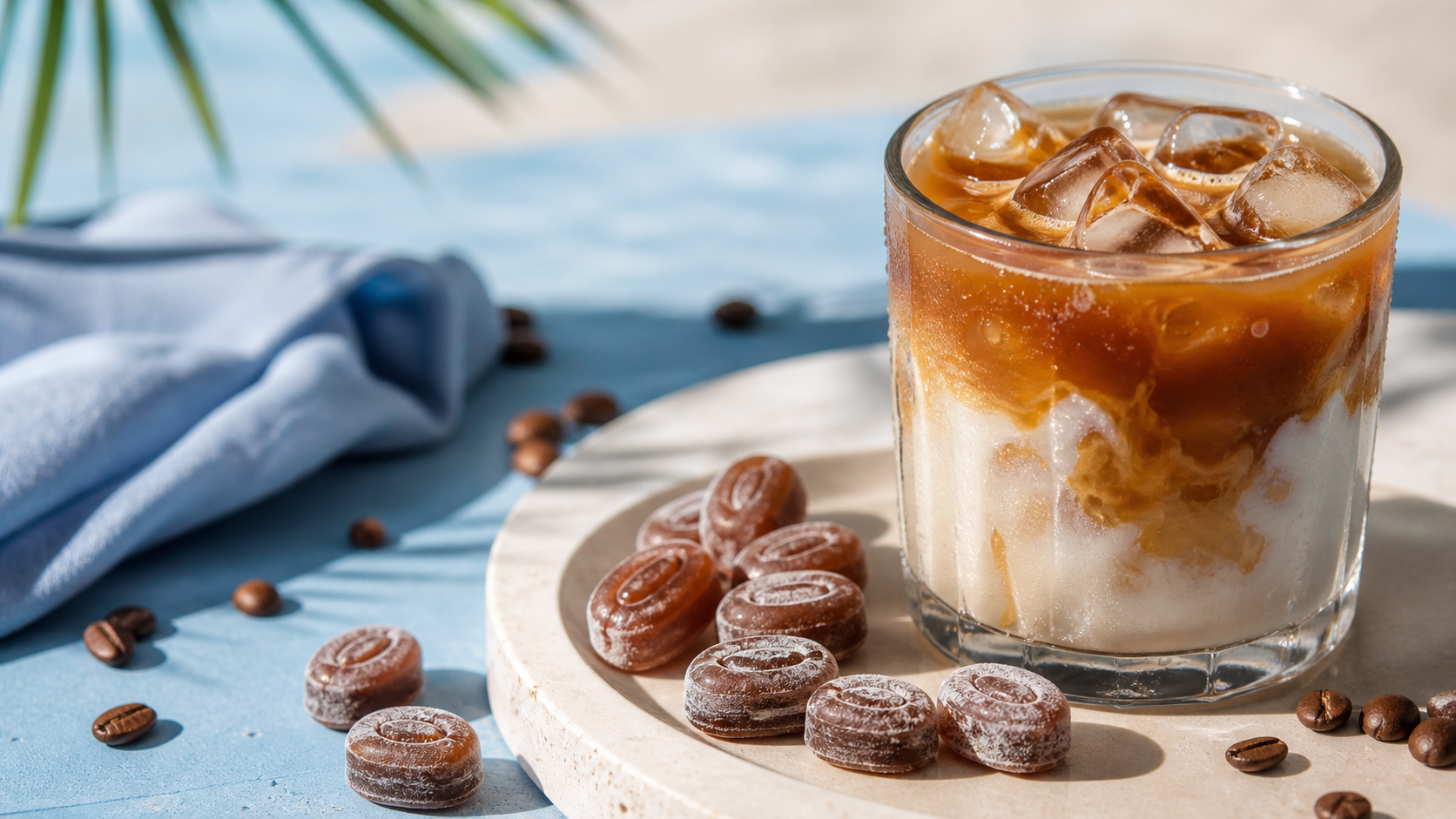 Iced latte and coffee candies styled in pale blue, cream, latte, and coffee-brown tones for a summer candy editorial