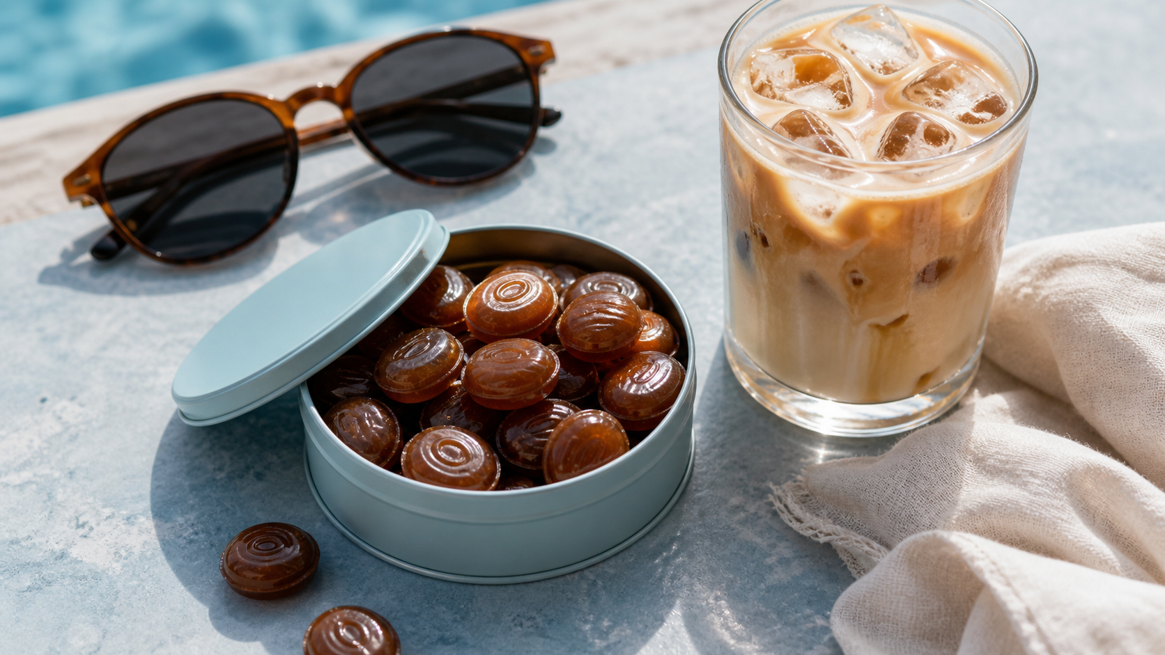 Icy coffee candies in a pale blue tin beside summer sunglasses and an iced latte in cream and coffee-brown tones