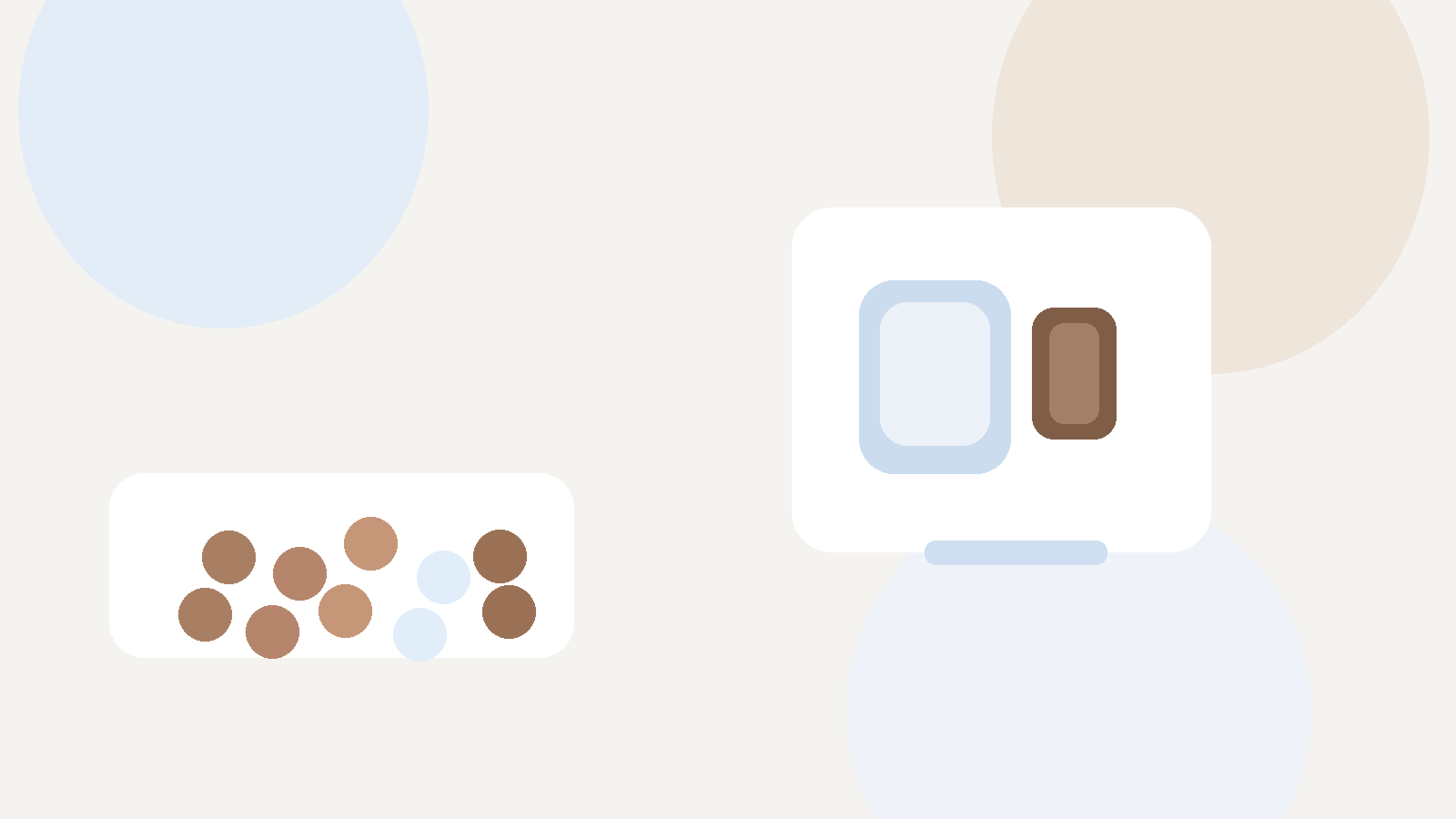 Pale blue and latte-toned candy scene with glossy coffee candies, an iced coffee glass, and a chilled tin on a clean tabletop