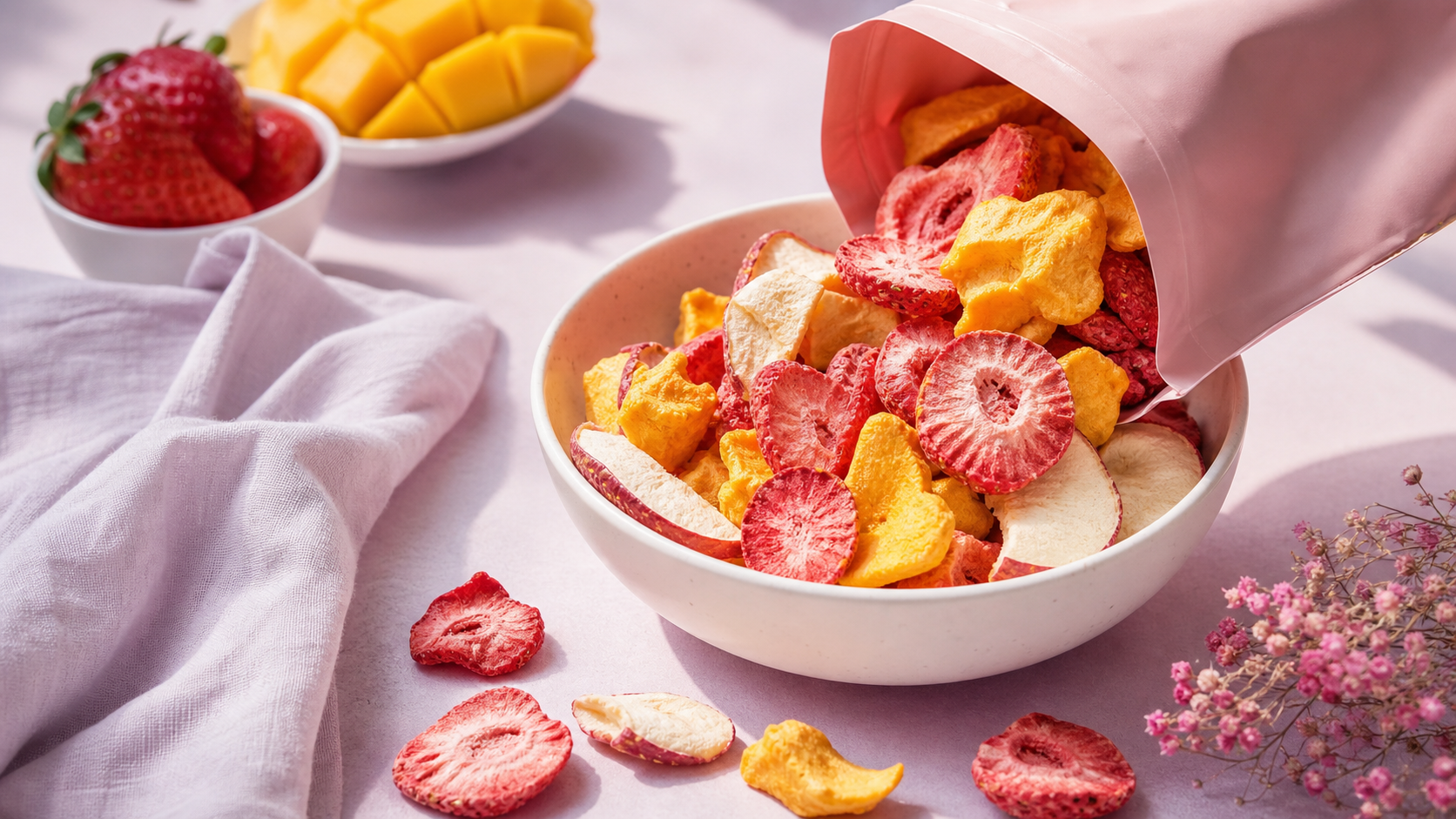 Soft pink and pale lavender snack scene with freeze-dried strawberries, mango, and apple spilling into a white bowl on an airy tabletop