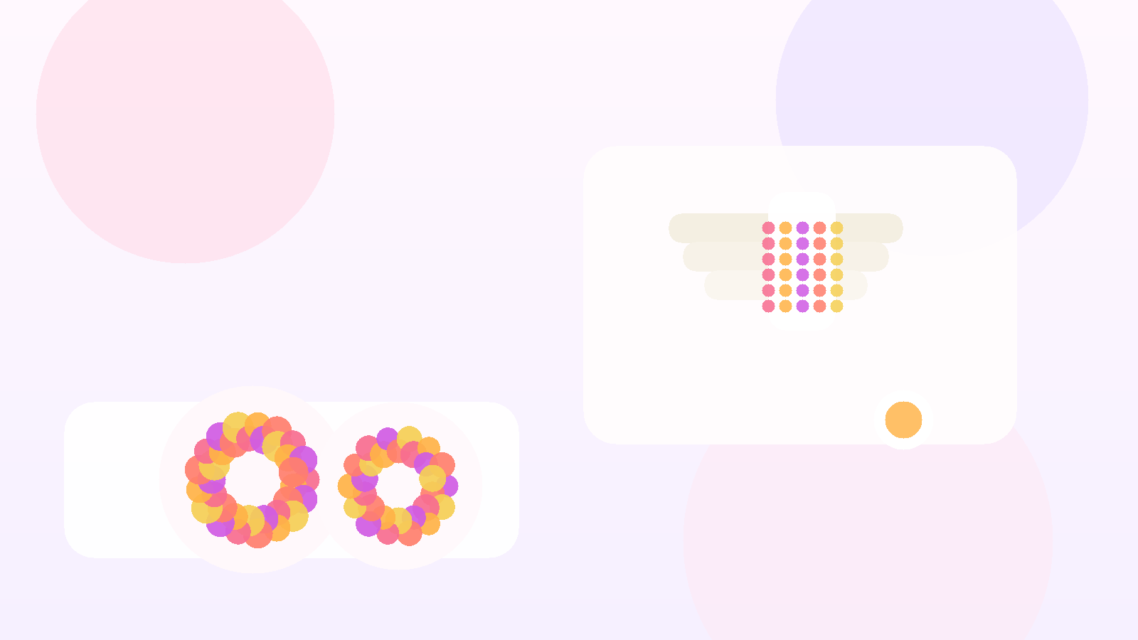 Airy pink and lavender snack scene with bowls of freeze-dried strawberries, mango, and apples beside yogurt and oats