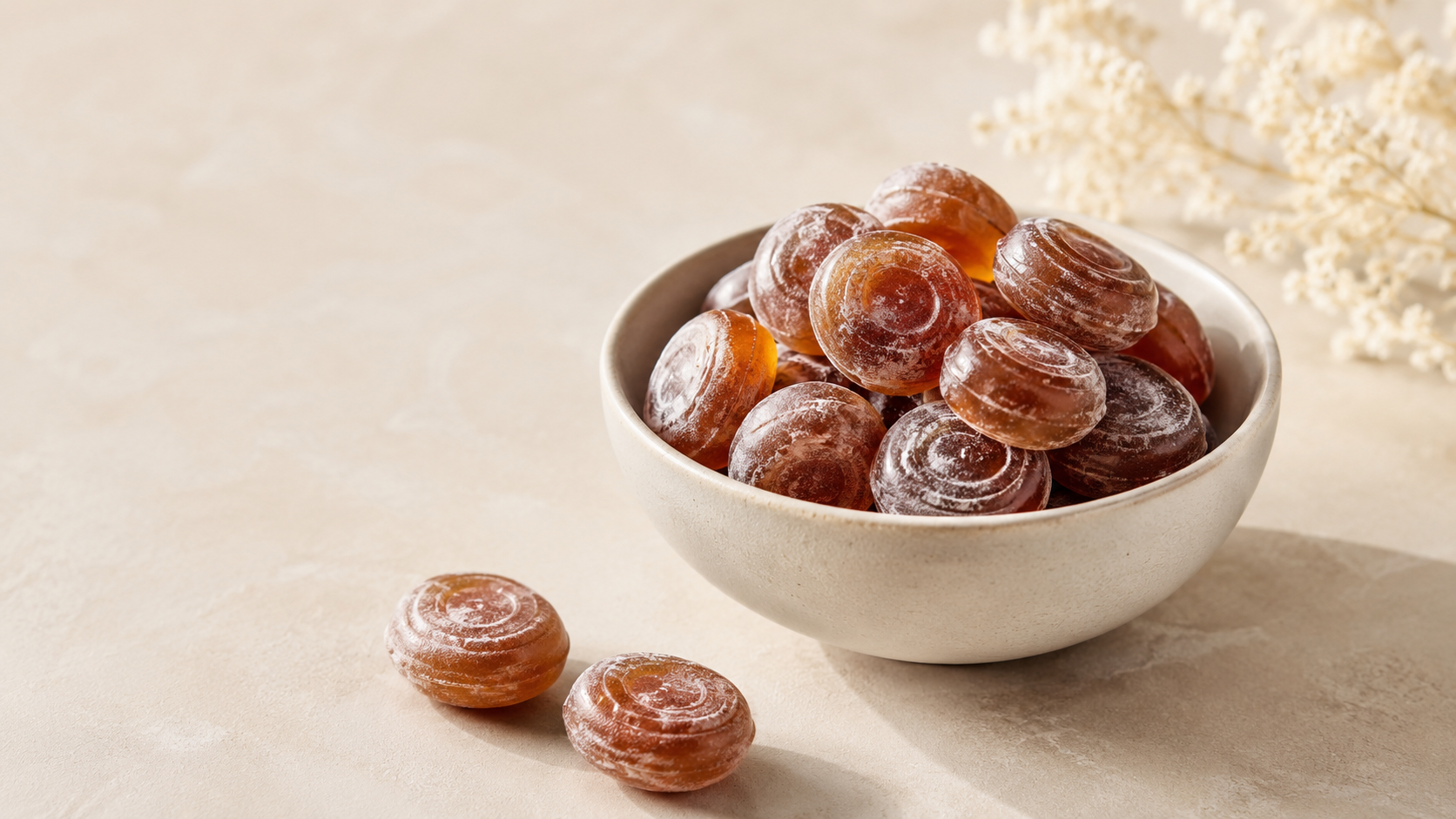 Icy coffee candy in a minimal pale blue bowl with coffee-brown accents