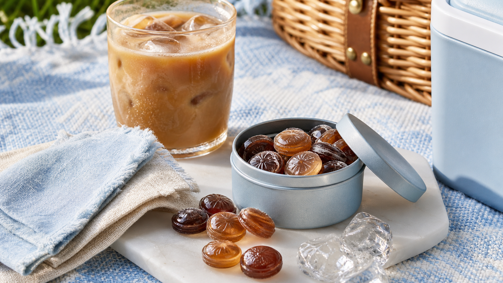 Icy blue and latte-toned summer picnic scene with cooling coffee candy pieces, a pale tin, and a glass of iced coffee