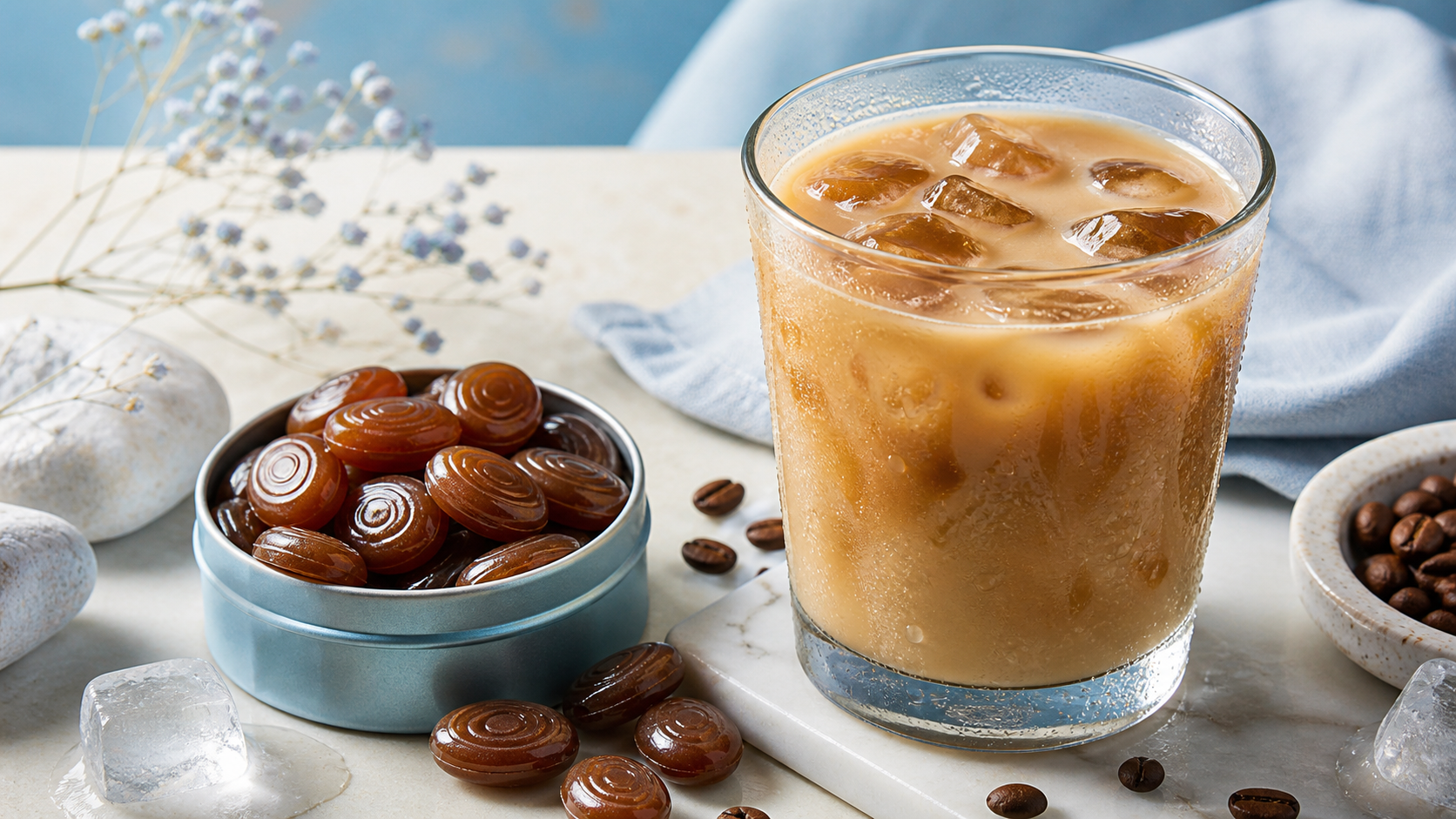 Pale blue and cream summer tabletop with glossy coffee candies beside an iced latte
