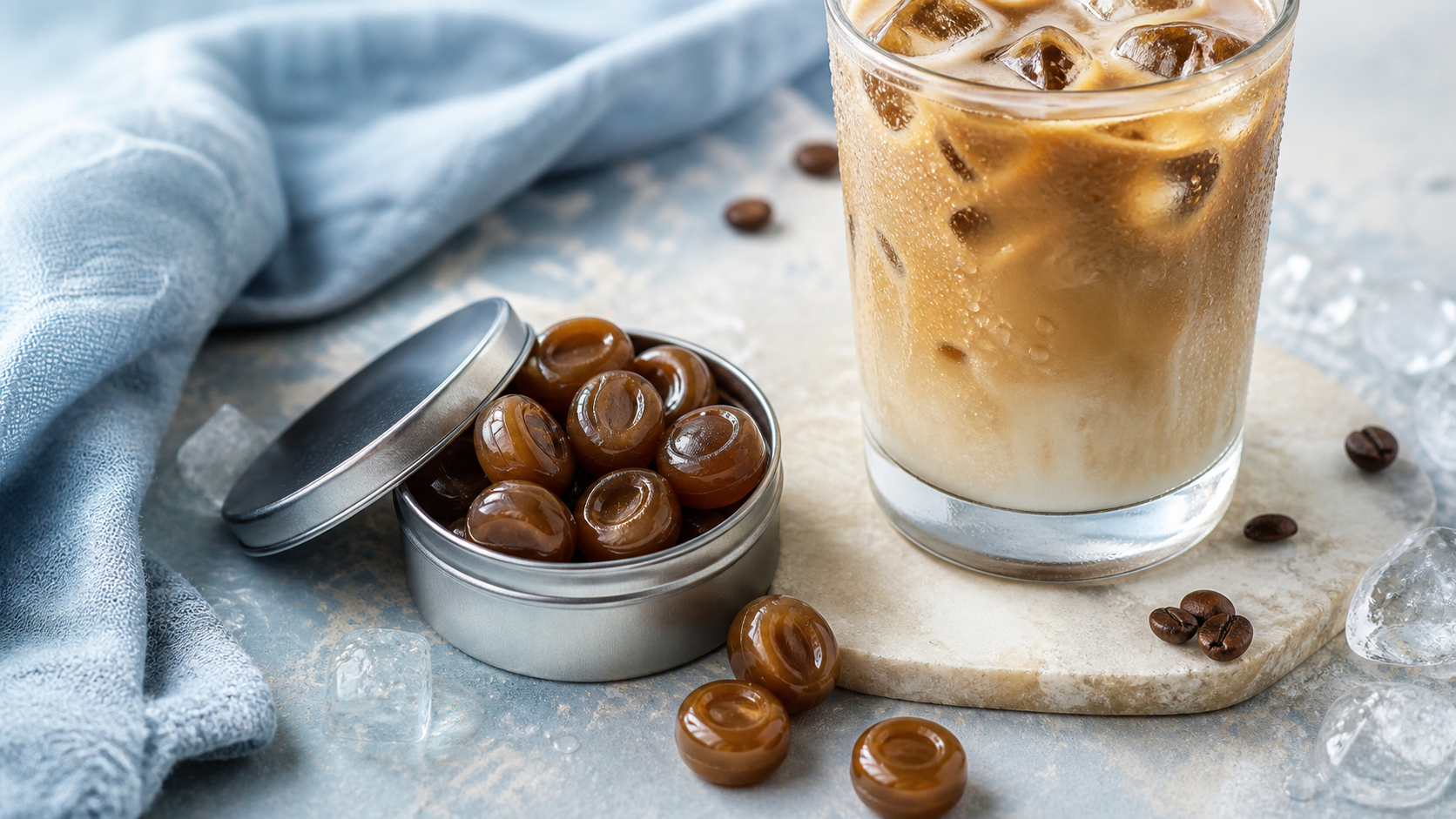 Pale blue, cream, and coffee-brown editorial scene with glossy coffee candies in a tin beside an iced latte on a cool summer tabletop