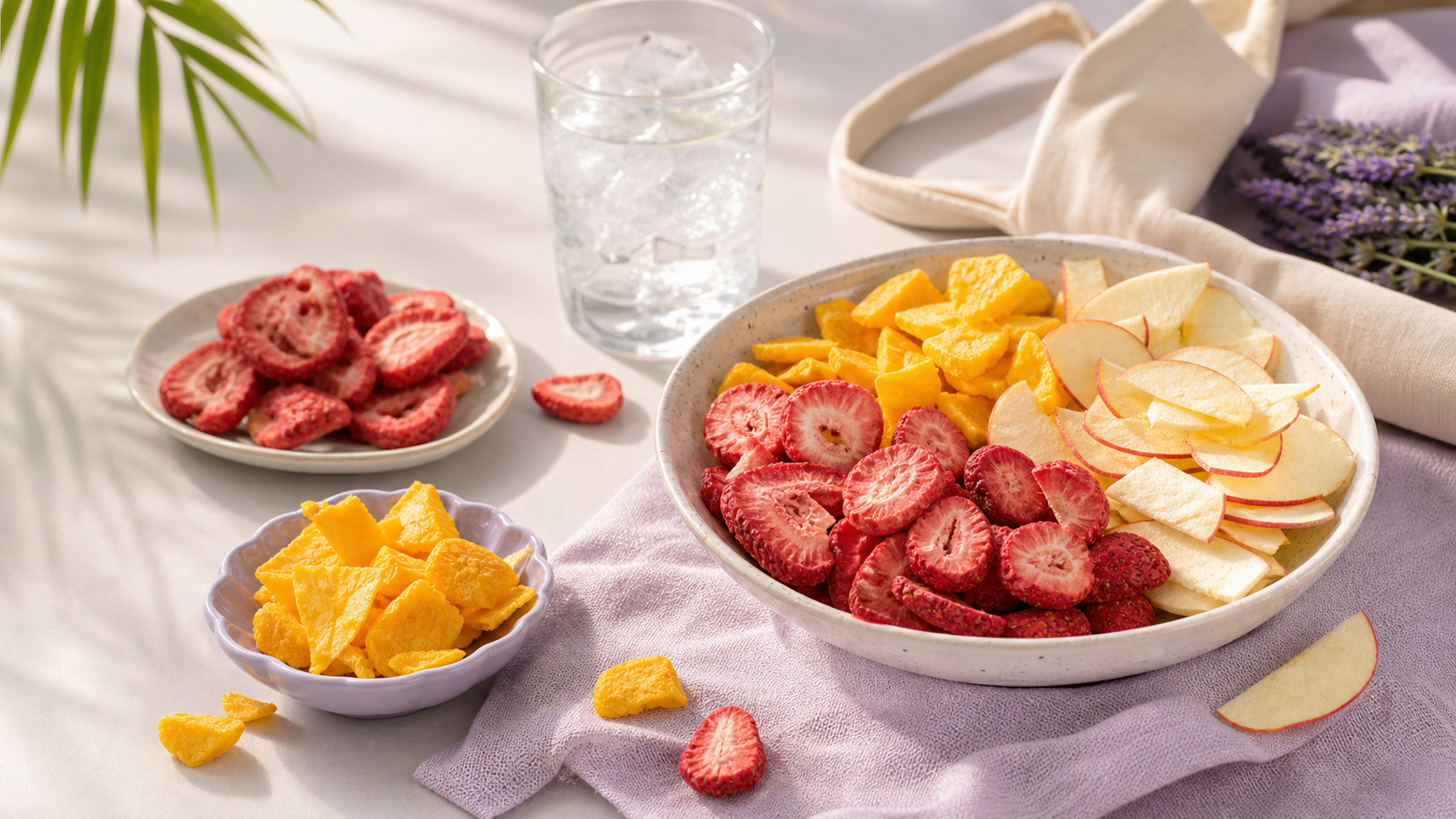 Soft pink and lavender summer snack setup with bowls of freeze-dried strawberries, mango, and apples beside a tote bag and iced water